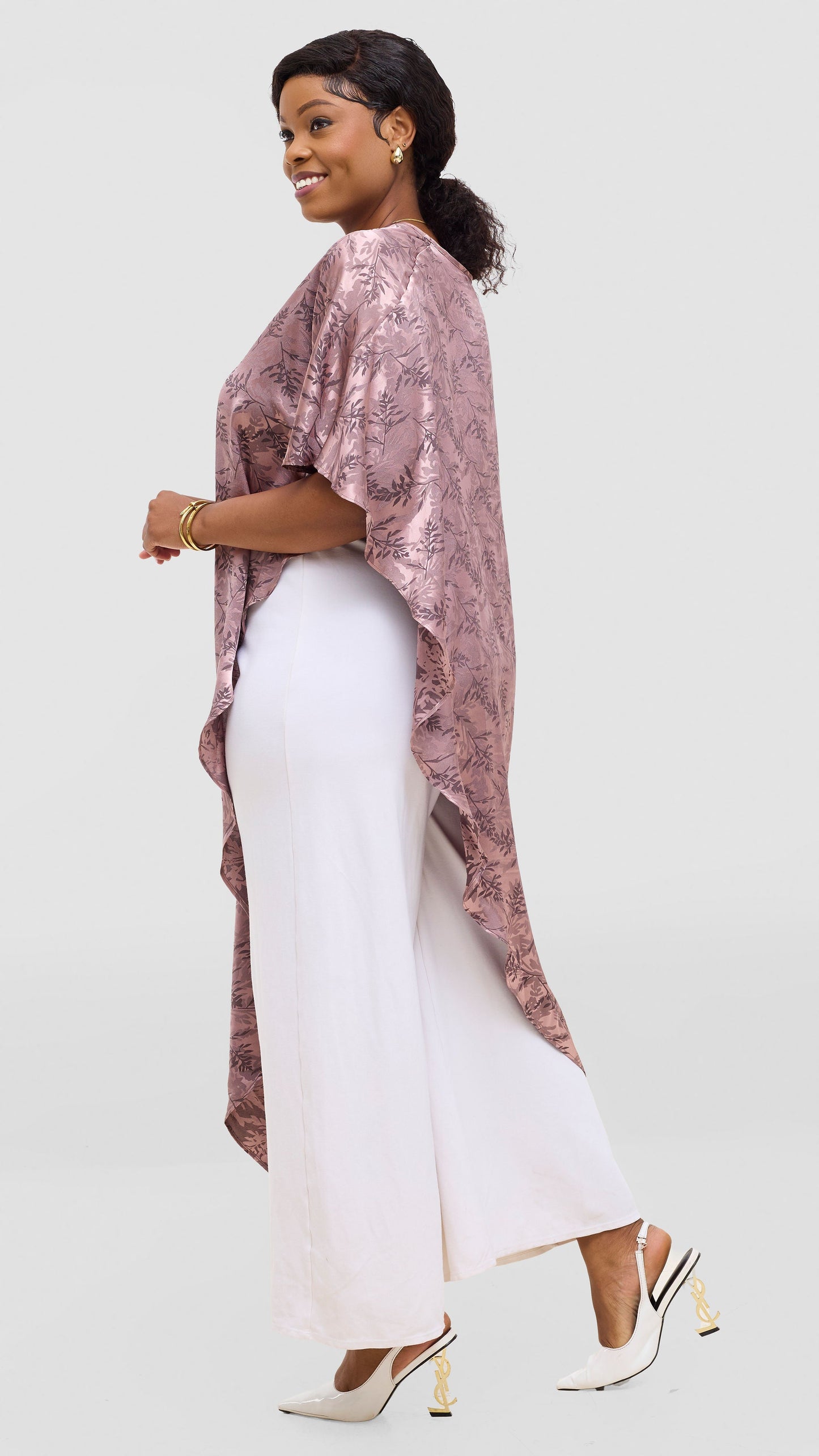 Vivo Liora Asymmetrical Satin Kaftan Top - Brown Textured Print