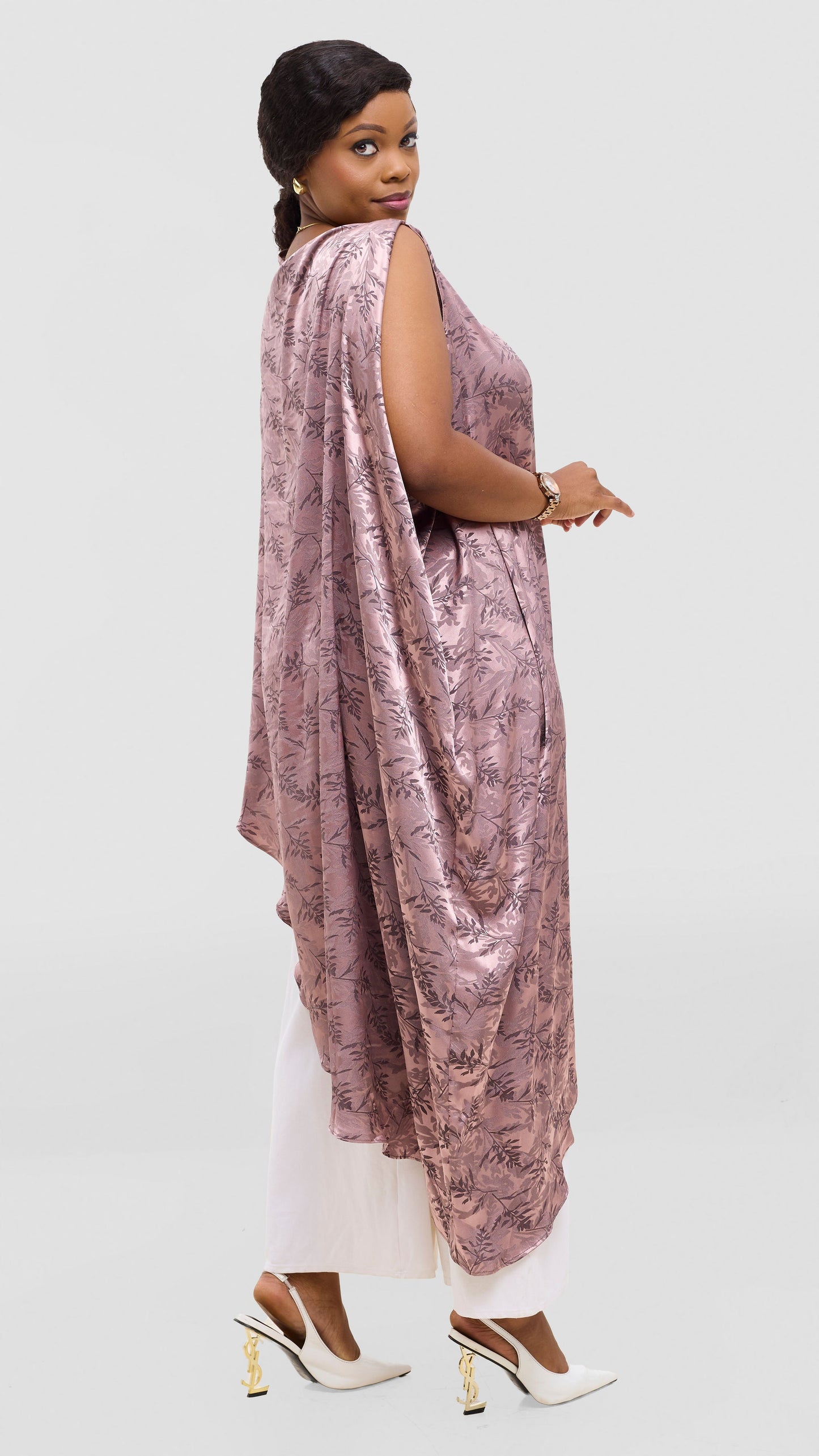 Vivo Liora Asymmetrical Satin Kaftan Top - Brown Textured Print