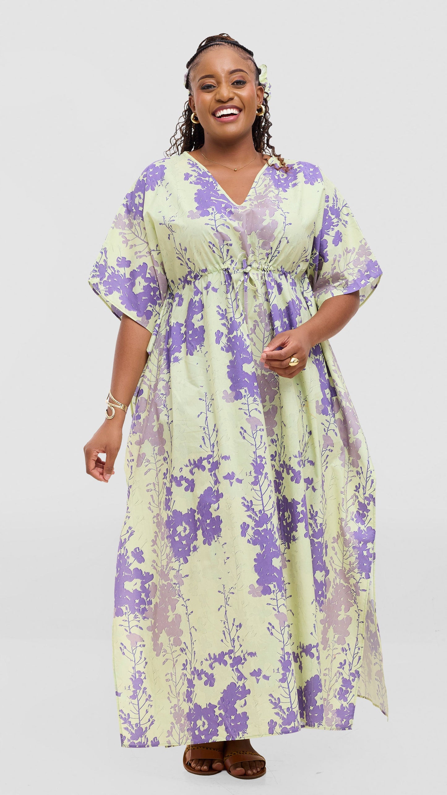 Safari by Vivo Cotton Wide Drawstring Kaftan - Light Olive / Purple Print
