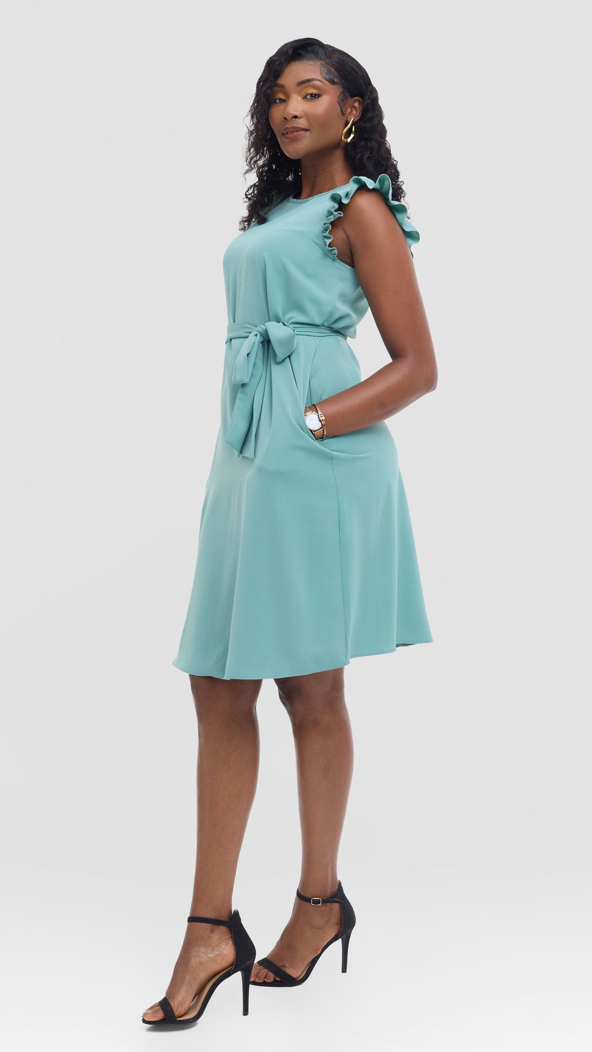 Vivo Nasinka A-Line Knee Length Dress in Crepe - Dusty Green