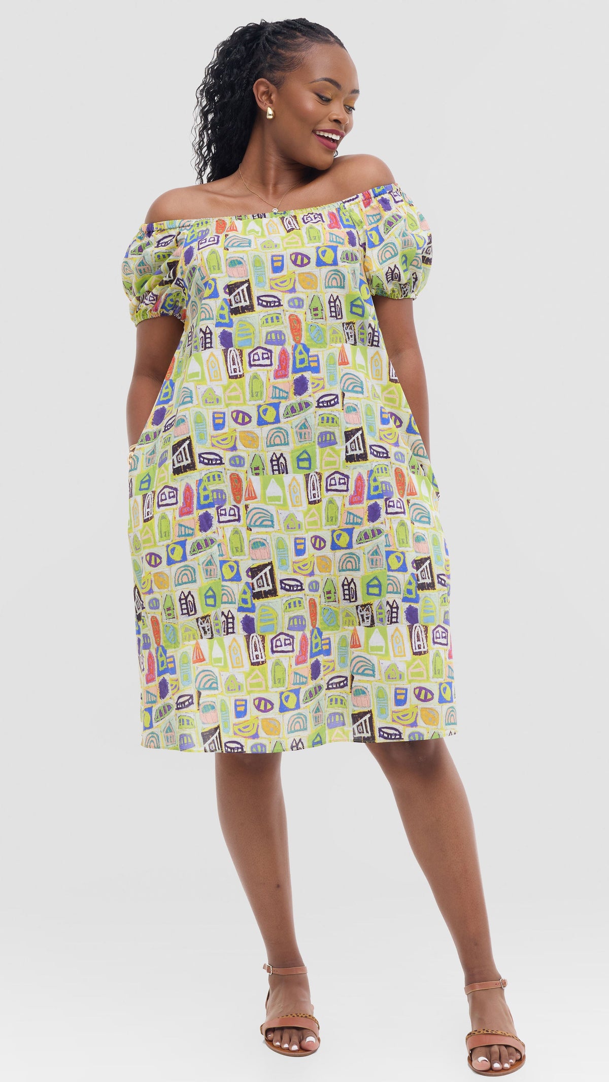 Vivo Off Shoulder Dress in Print Cotton - Yellow Multicolor