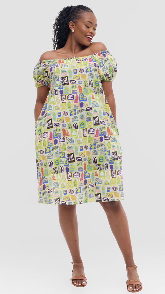 Vivo Off Shoulder Dress in Print Cotton - Yellow Multicolor