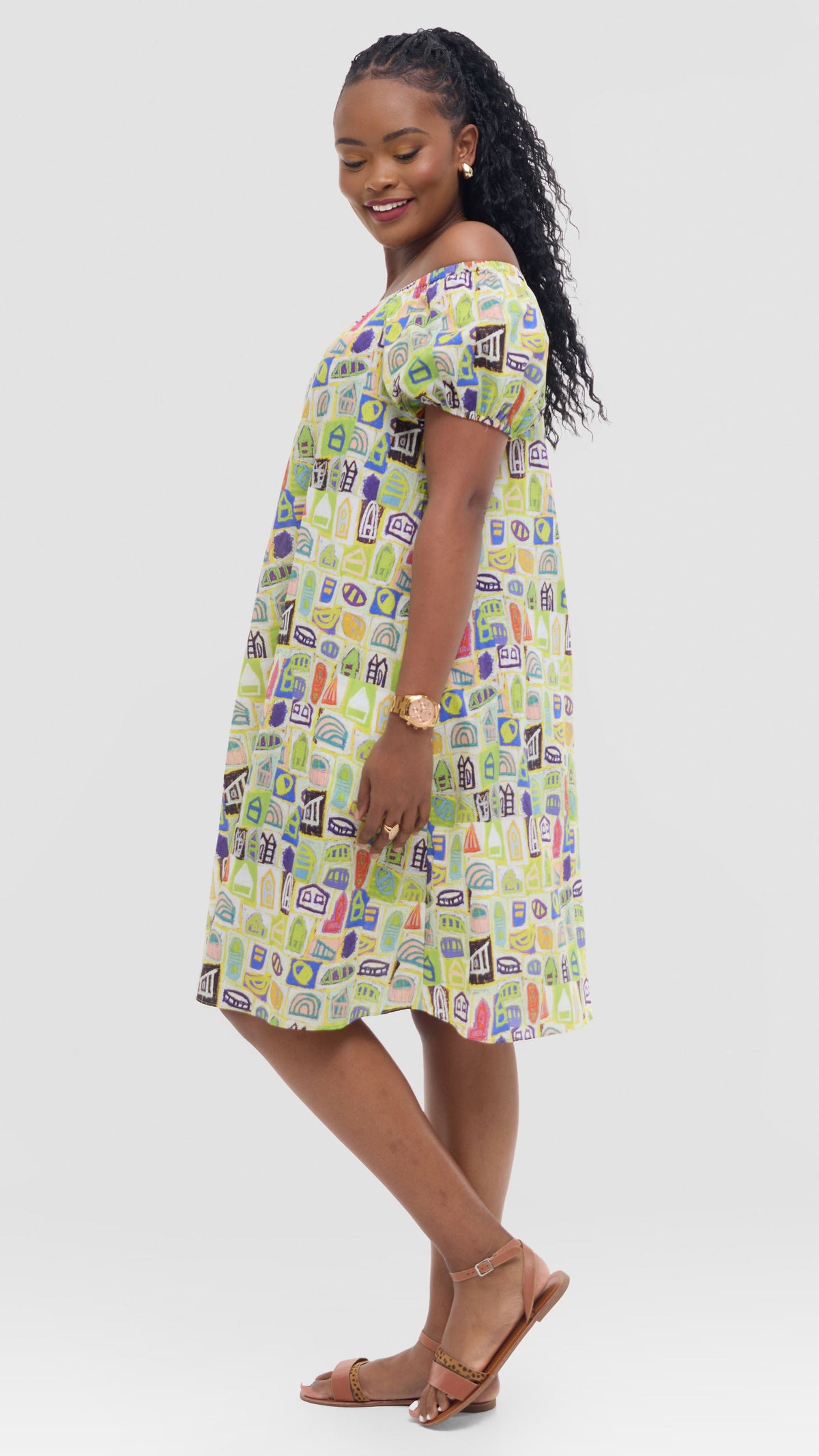 Vivo Off Shoulder Dress in Print Cotton - Yellow Multicolor