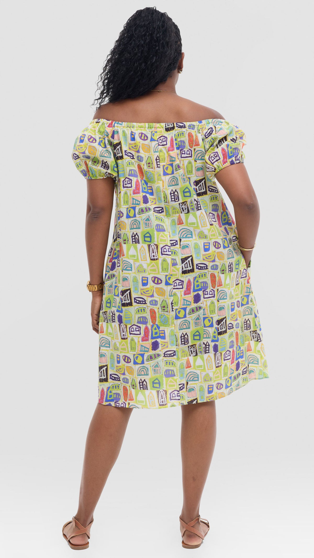 Vivo Off Shoulder Dress in Print Cotton - Yellow Multicolor