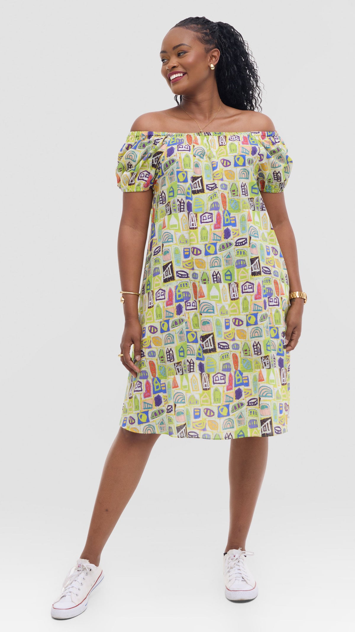 Vivo Off Shoulder Dress in Print Cotton - Yellow Multicolor
