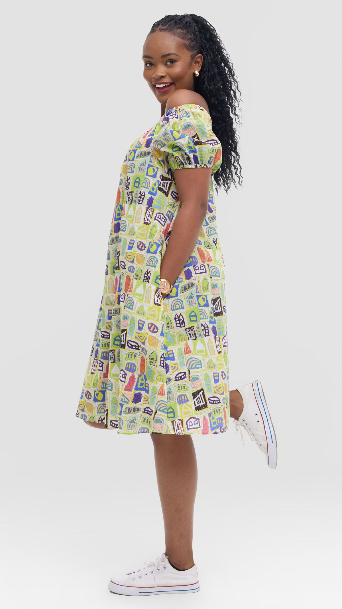 Vivo Off Shoulder Dress in Print Cotton - Yellow Multicolor
