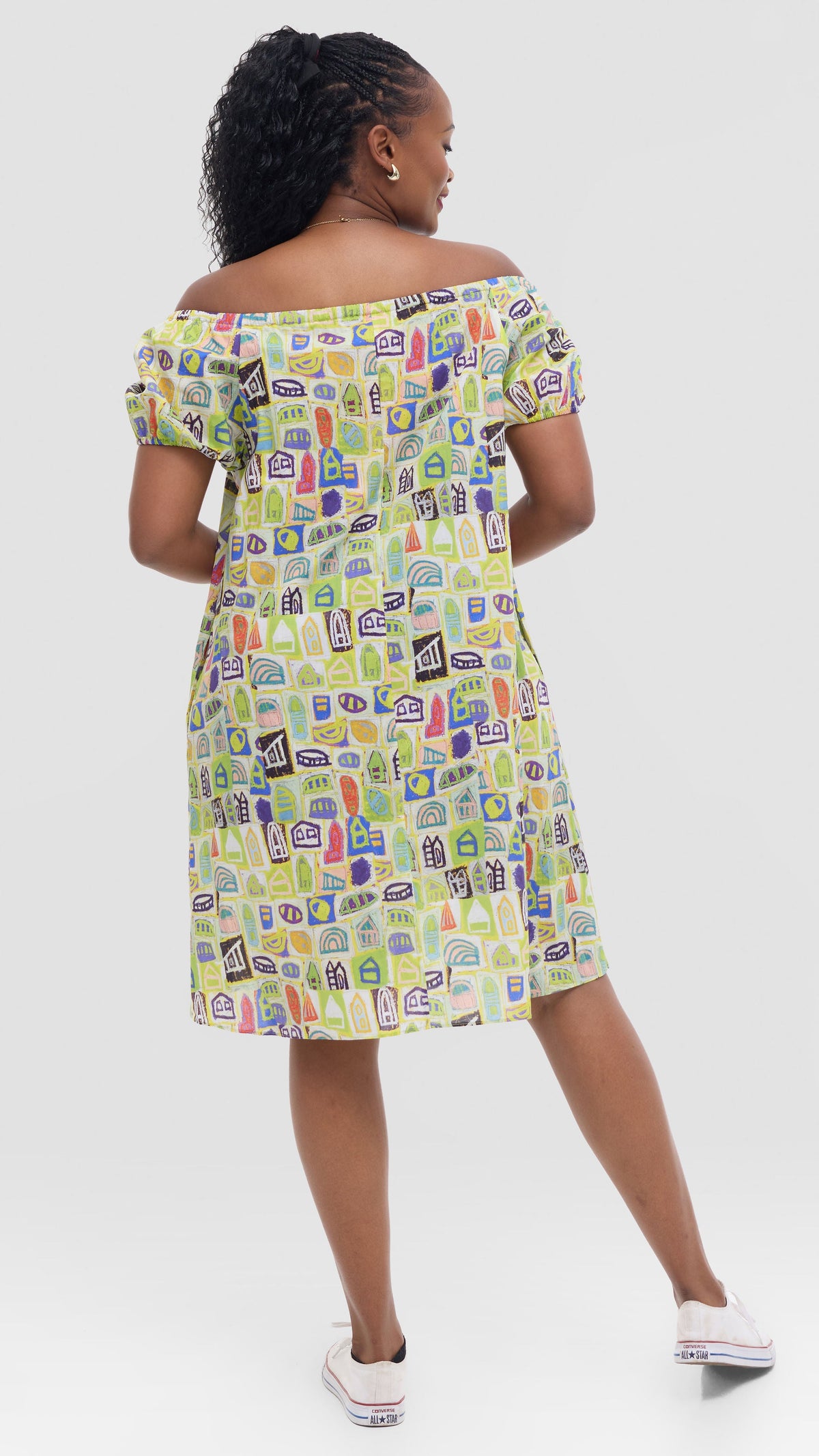 Vivo Off Shoulder Dress in Print Cotton - Yellow Multicolor