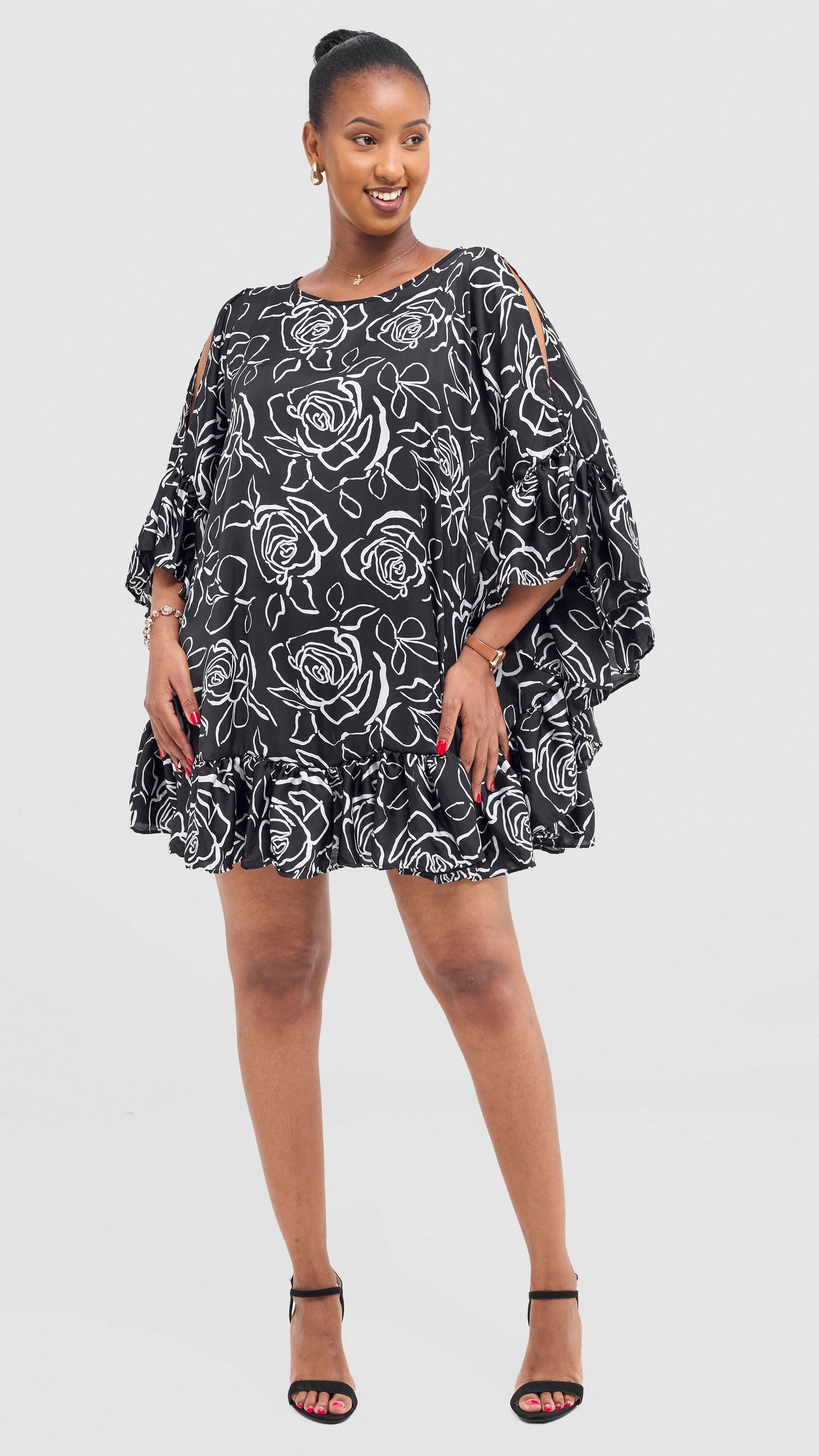 Vivo Chidii Tunic Dress With Frills - Black / White Print