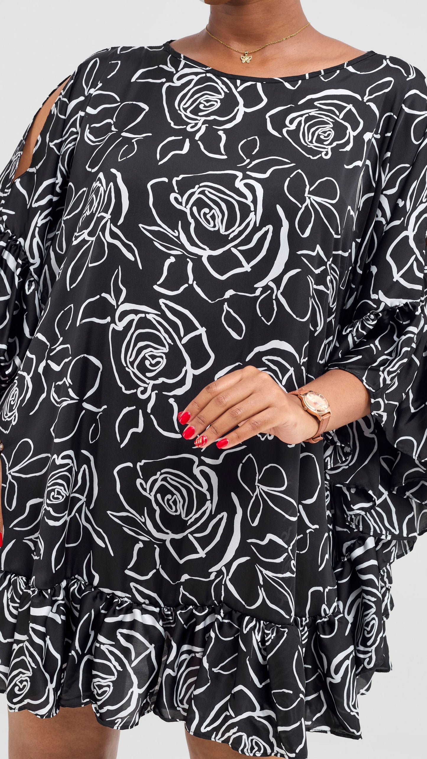Vivo Chidii Tunic Dress With Frills - Black / White Print
