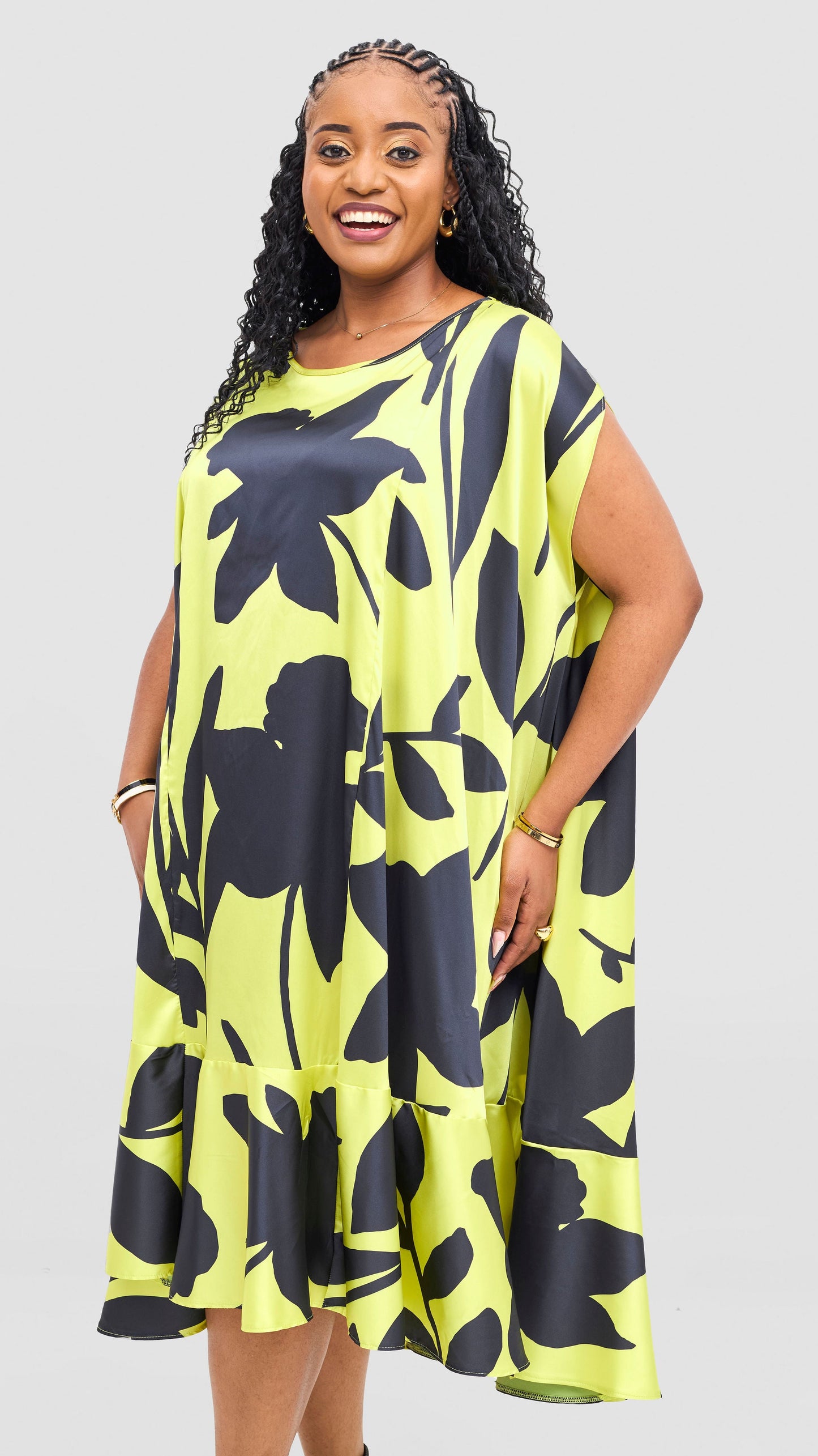 Vivo Samira Cape Dress - Lime / Dark Navy Voi Print