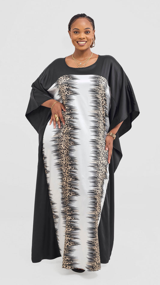 Vivo Keza Satin Border Maxi Kaftan - Beige / Cream Animal Print