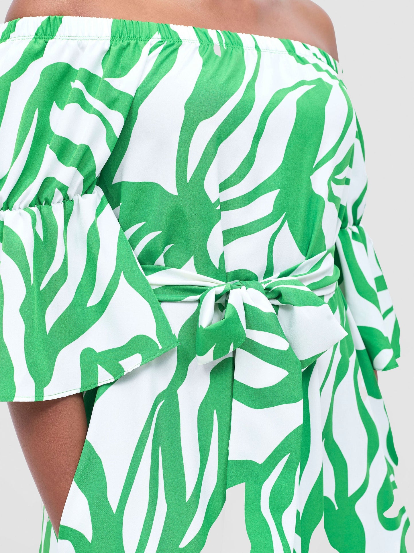 Vivo Tana Off Shoulder Maxi Dress - White / Green Dana Print