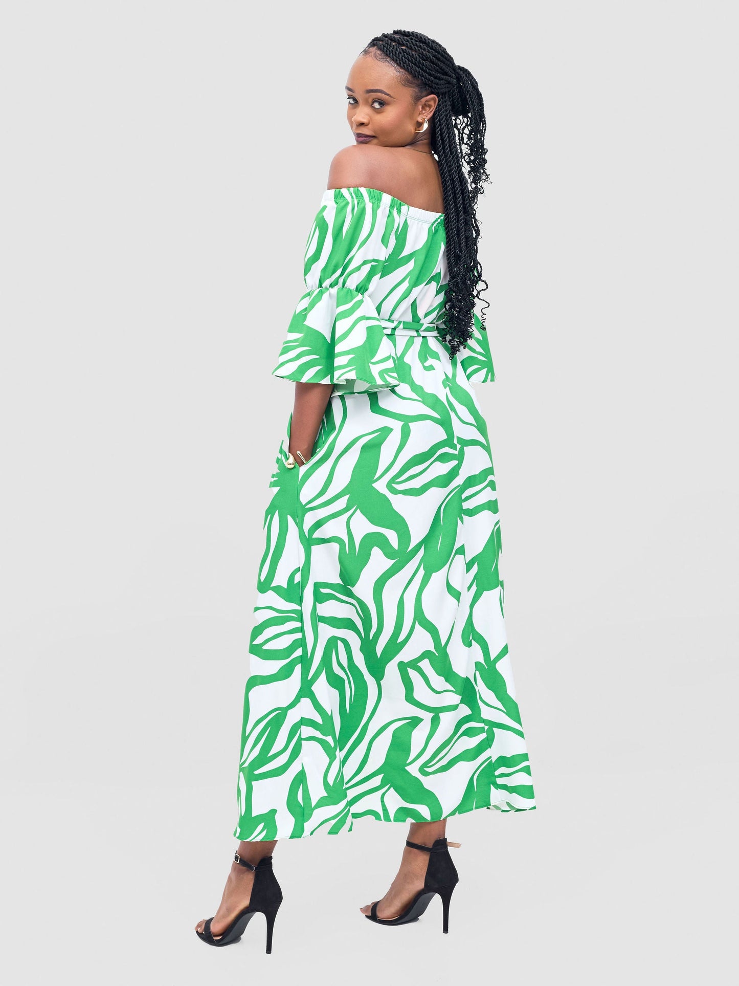 Vivo Tana Off Shoulder Maxi Dress - White / Green Dana Print