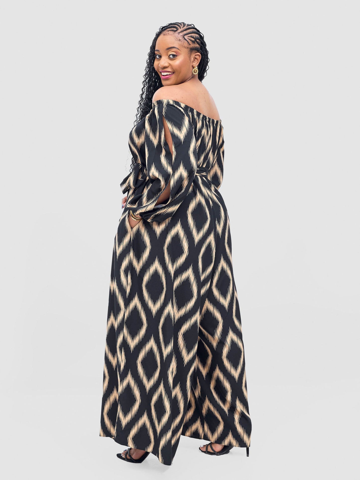 Vivo Yumi Off Shoulder Jumpsuit - Cream / Black Rumi Print