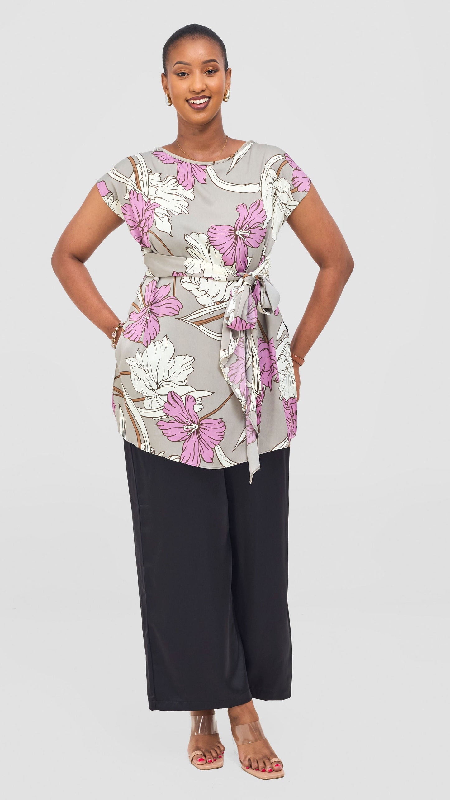 Vivo Yene Front Tie Tunic Top - Grey / Purple Tunu Print