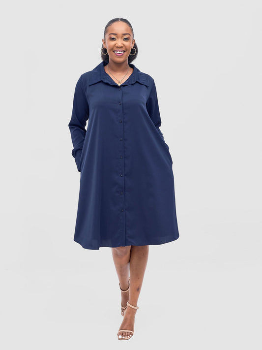 Vivo Basic Long Sleeve Tent Shirt Dress - Navy