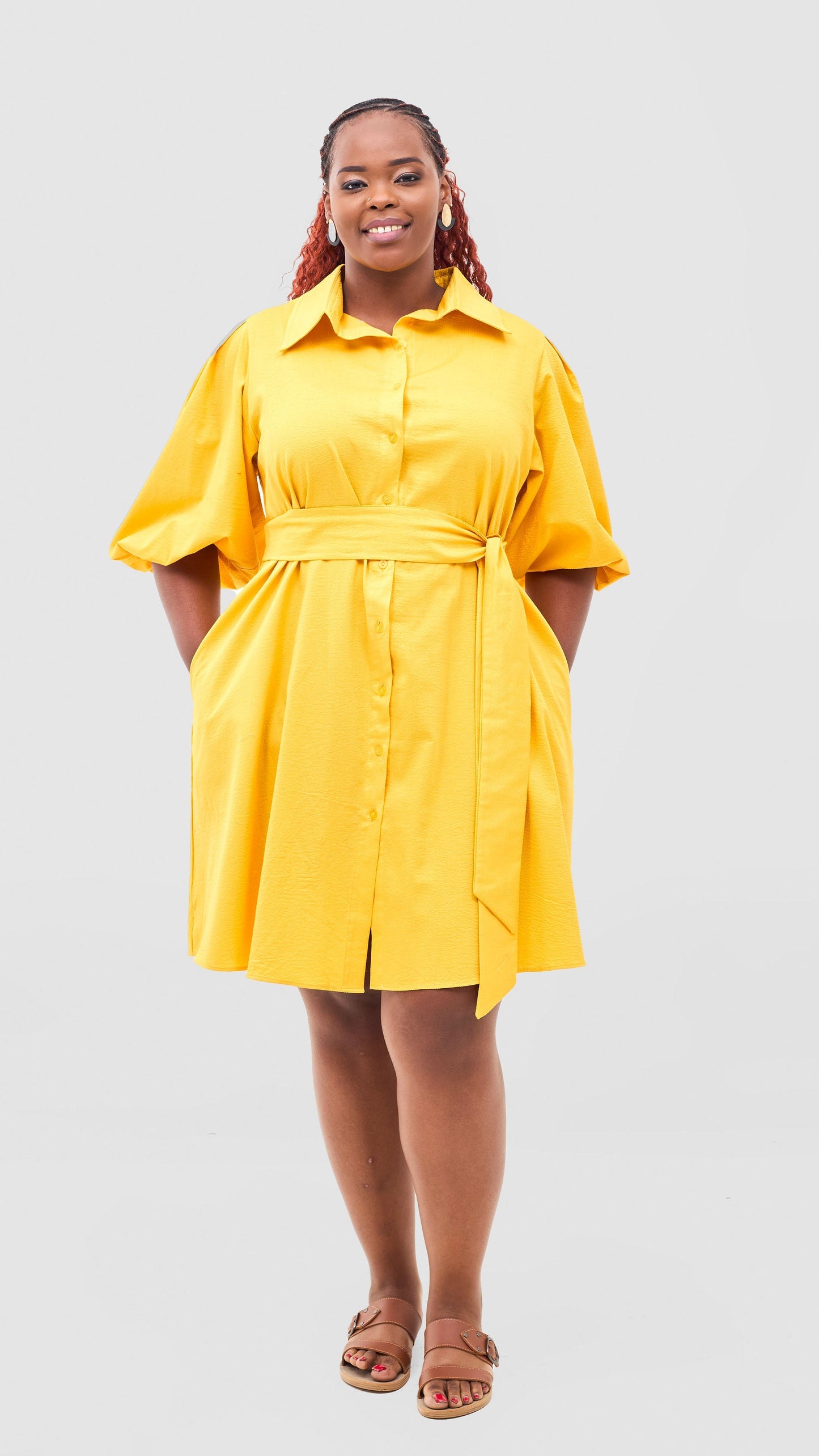 Safari Naledi 3/4 Sleeve Tent Dress - Yellow Puff Stripes
