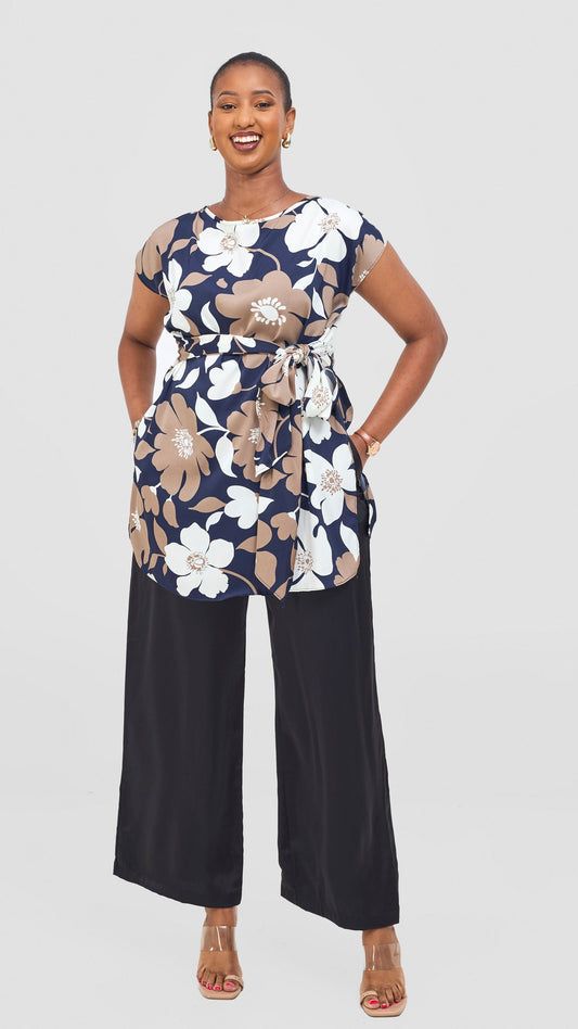 Vivo Yene Front Tie Tunic Top - Navy / White Mia Print