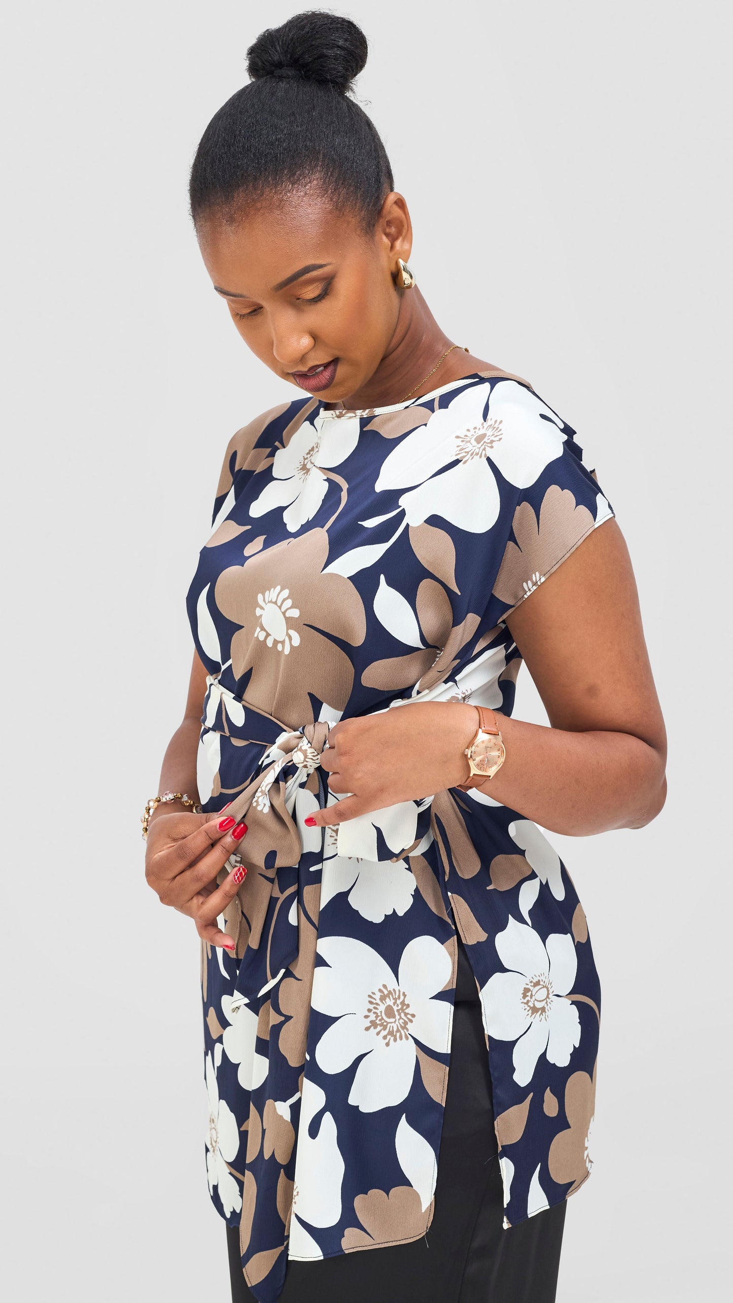 Vivo Yene Front Tie Tunic Top - Navy / White Mia Print