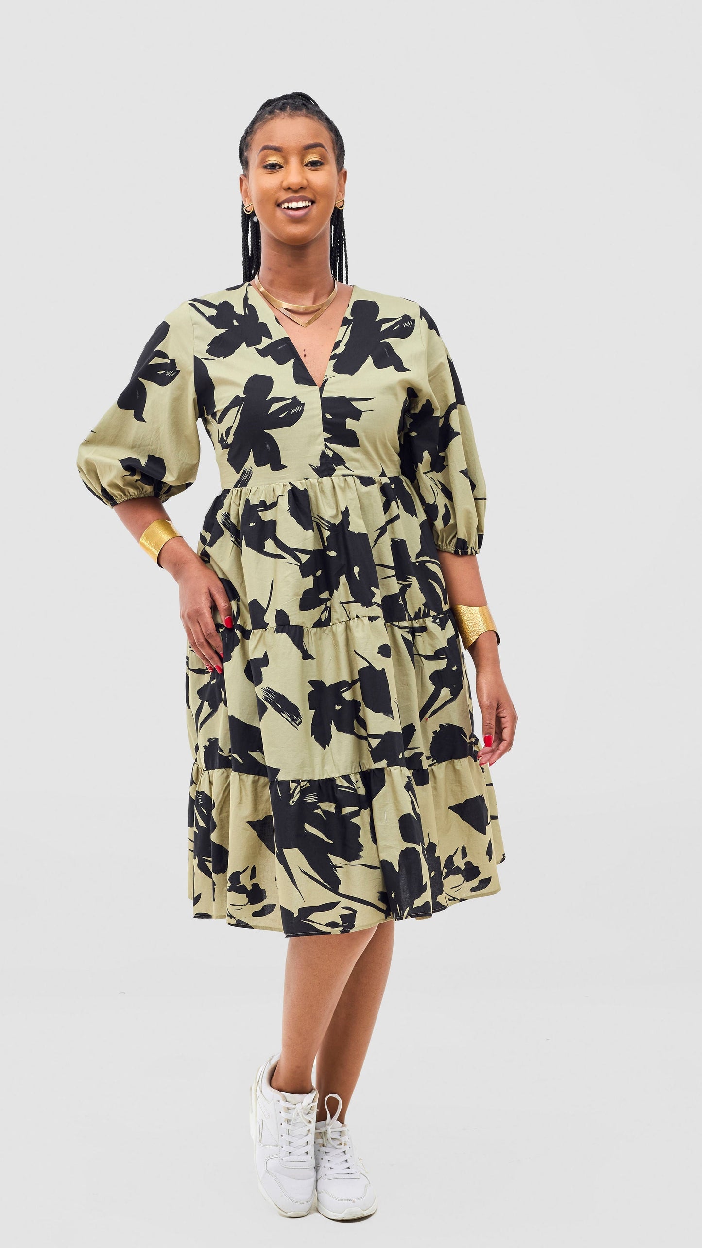 Safari Naledi Bishop Sleeve Tiered Dress - Olive / Black Wia Print