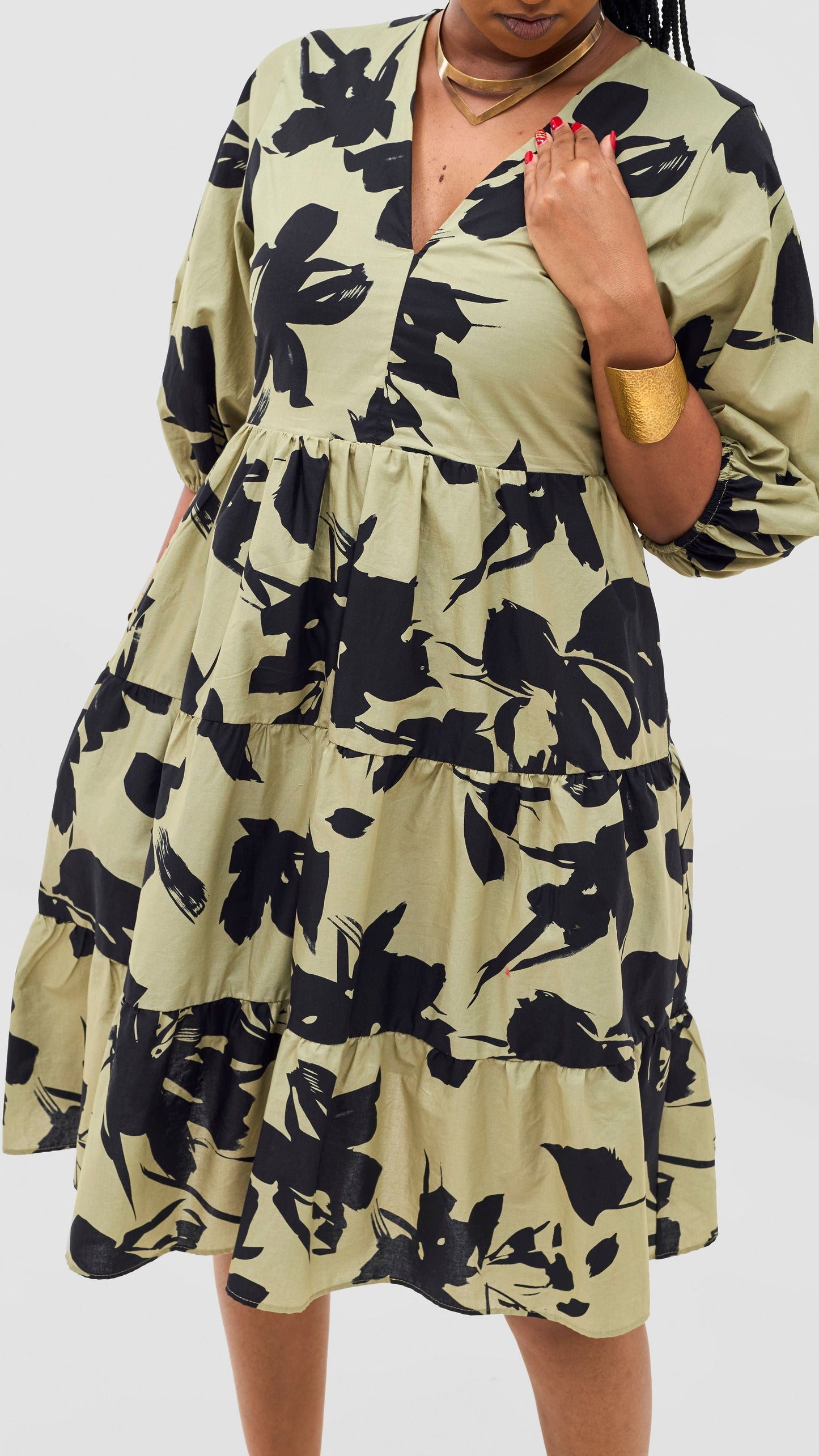 Safari Naledi Bishop Sleeve Tiered Dress - Olive / Black Wia Print