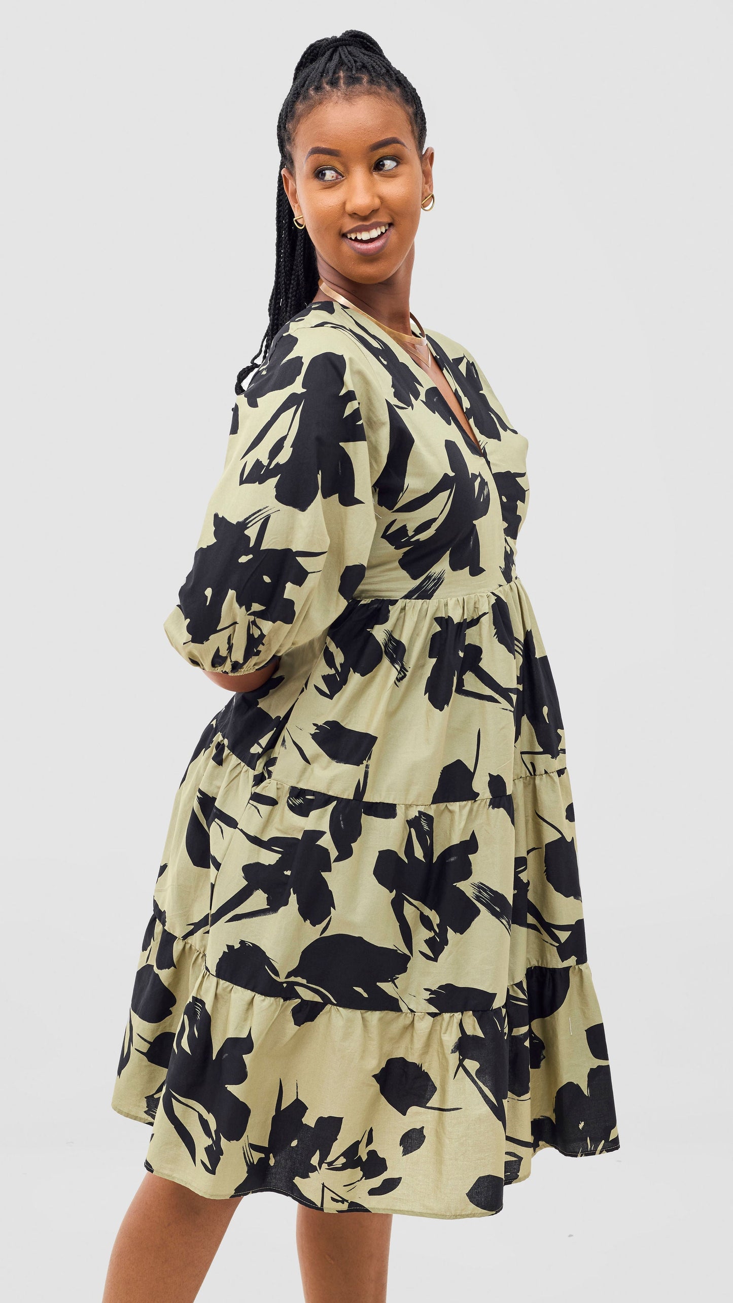 Safari Naledi Bishop Sleeve Tiered Dress - Olive / Black Wia Print