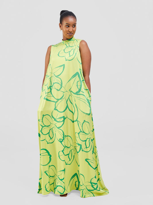 Vivo Thando Mock Neck Maxi Dress - Lime / Sea Green Ruvu Print