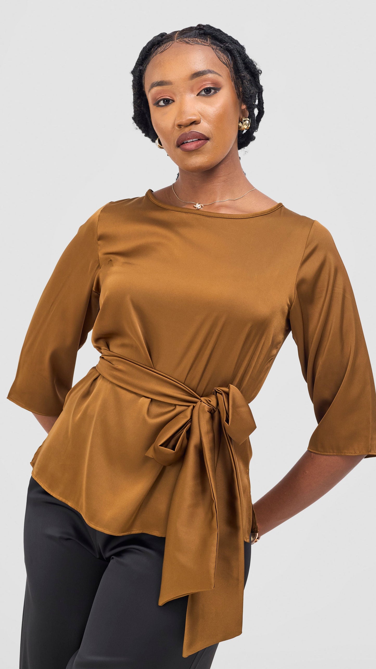 Vivo Takali 3/4 Sleeve Tie Top - Light Brown