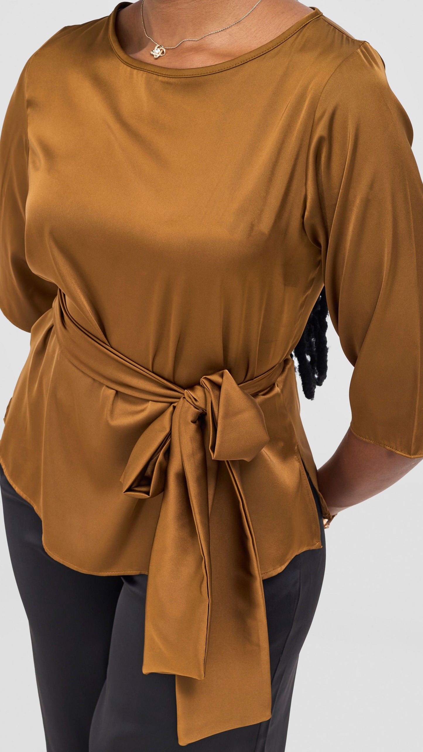Vivo Takali 3/4 Sleeve Tie Top - Light Brown
