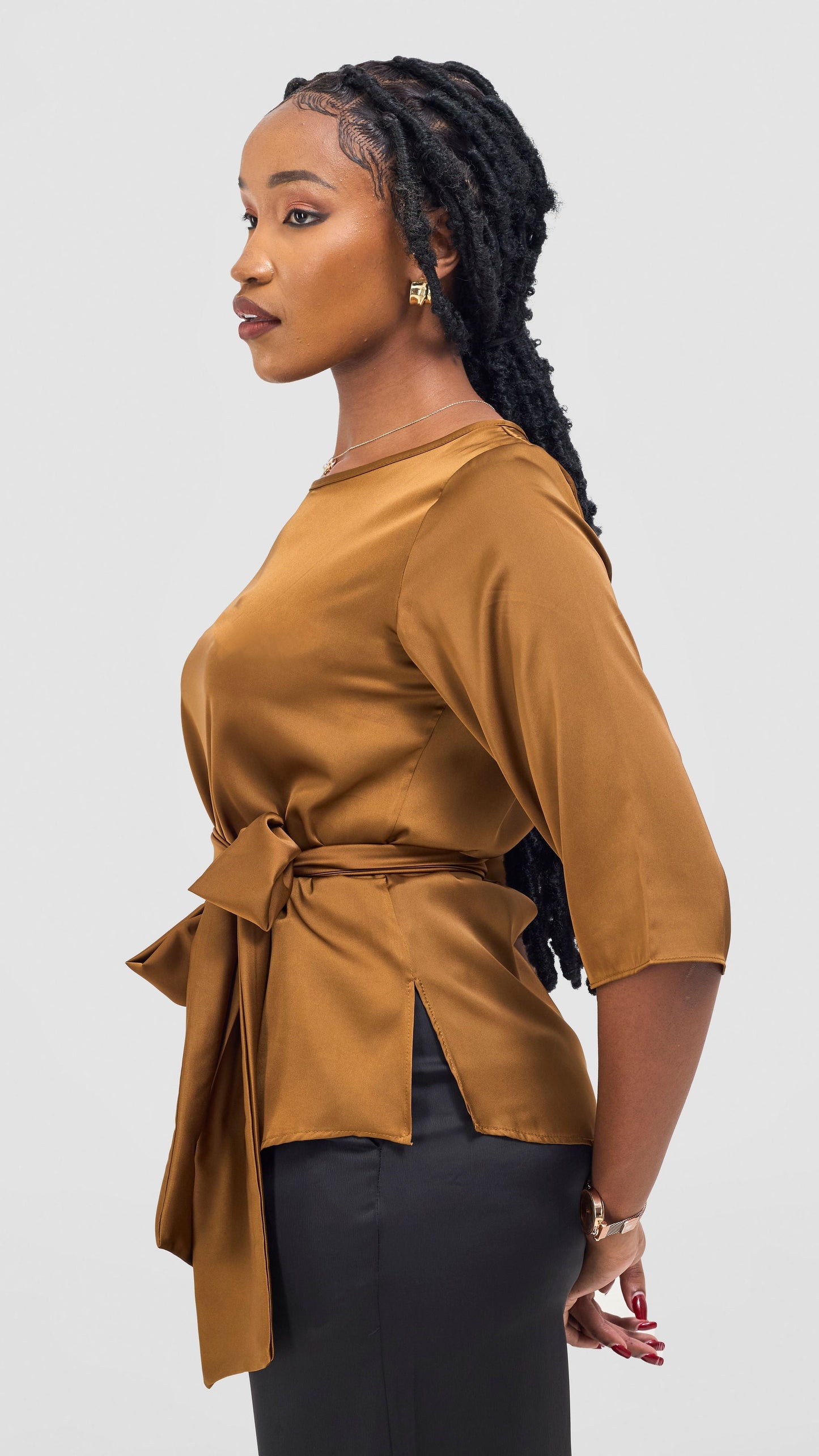 Vivo Takali 3/4 Sleeve Tie Top - Light Brown