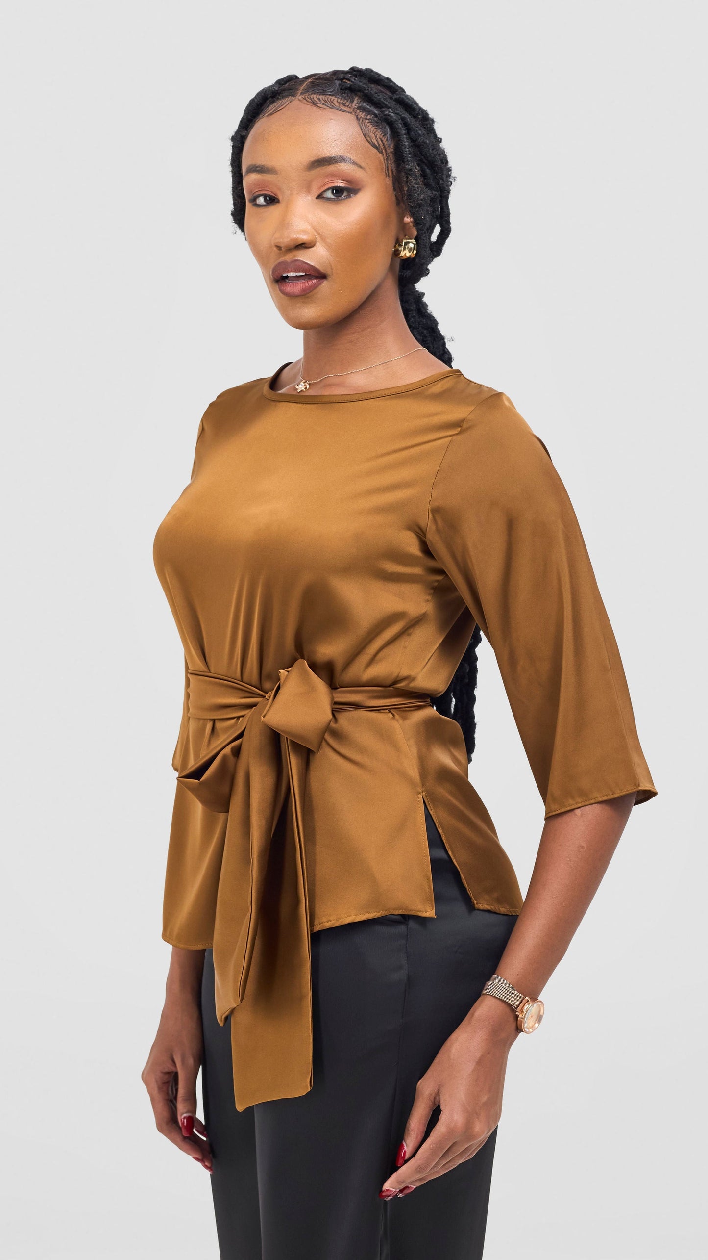 Vivo Takali 3/4 Sleeve Tie Top - Light Brown