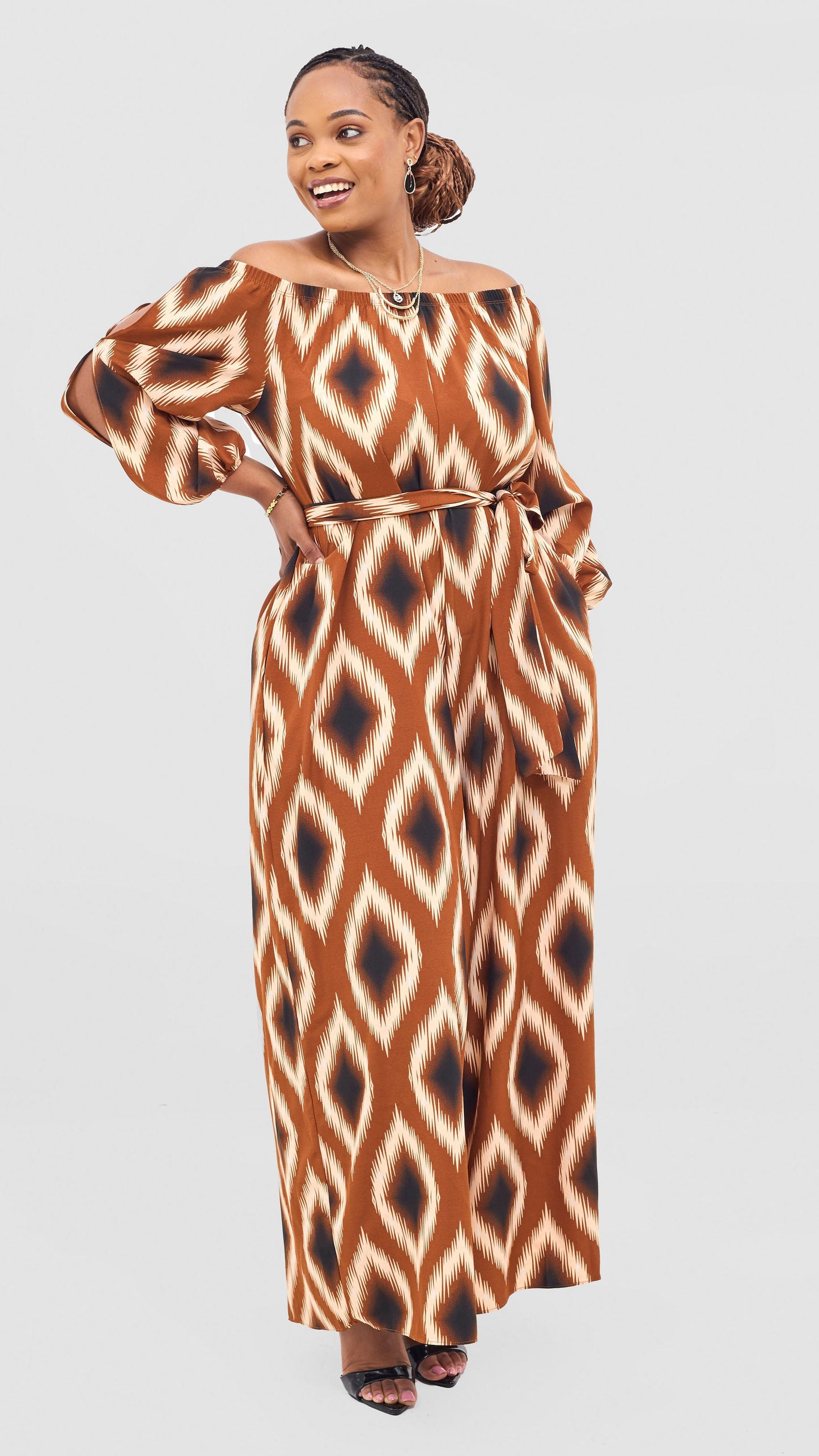 Vivo Yumi Off Shoulder Jumpsuit - Cream / Rust Rumi Print