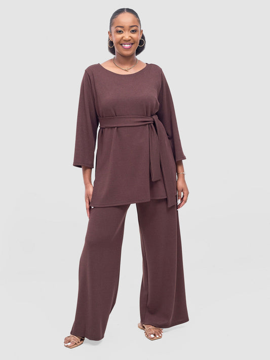 Vivo Rema 3/4 Sleeve Side Slit Tunic Top  - Dark Brown