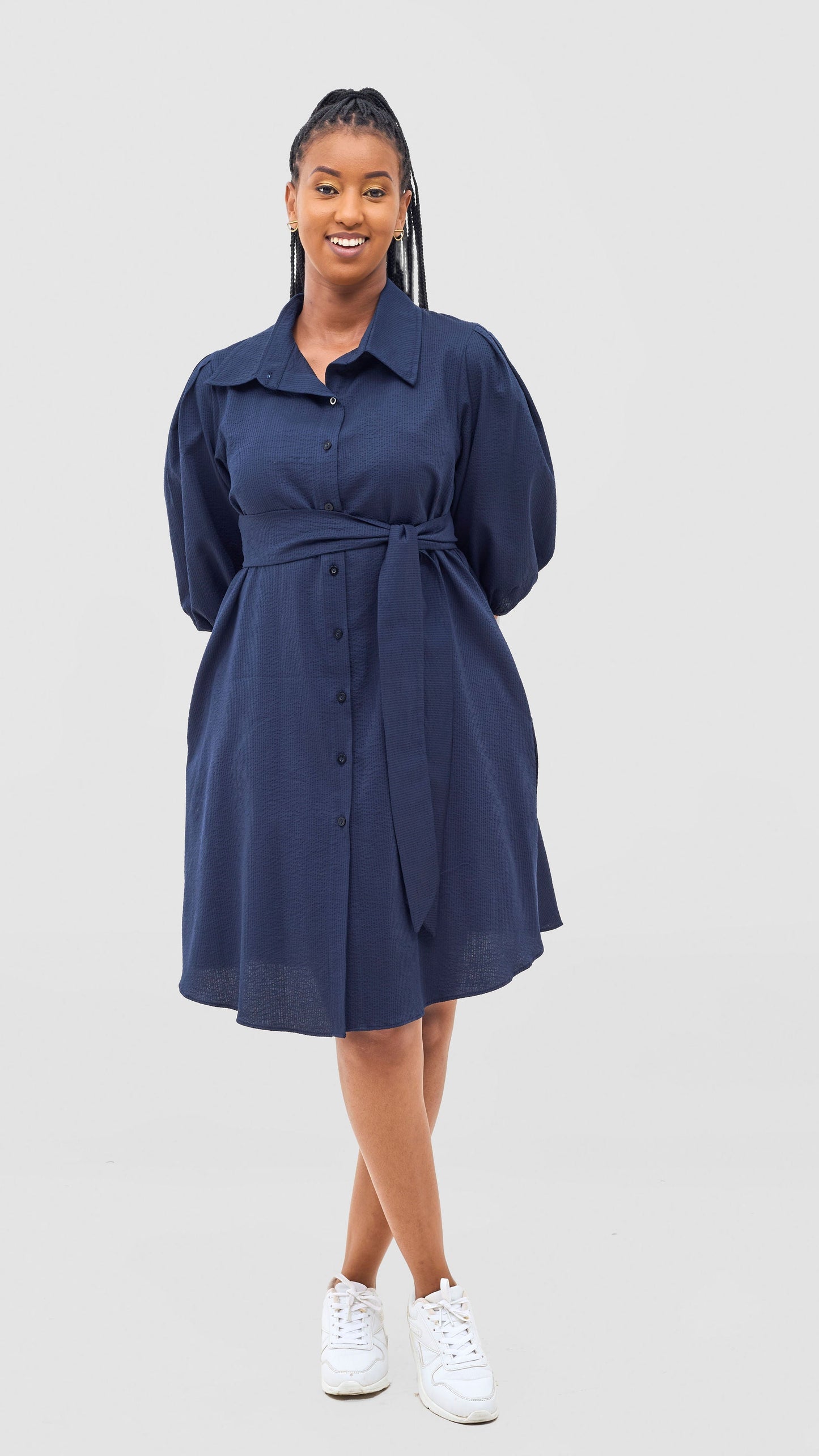 Safari Naledi 3/4 Sleeve Tent Dress - Navy Puff Stripes