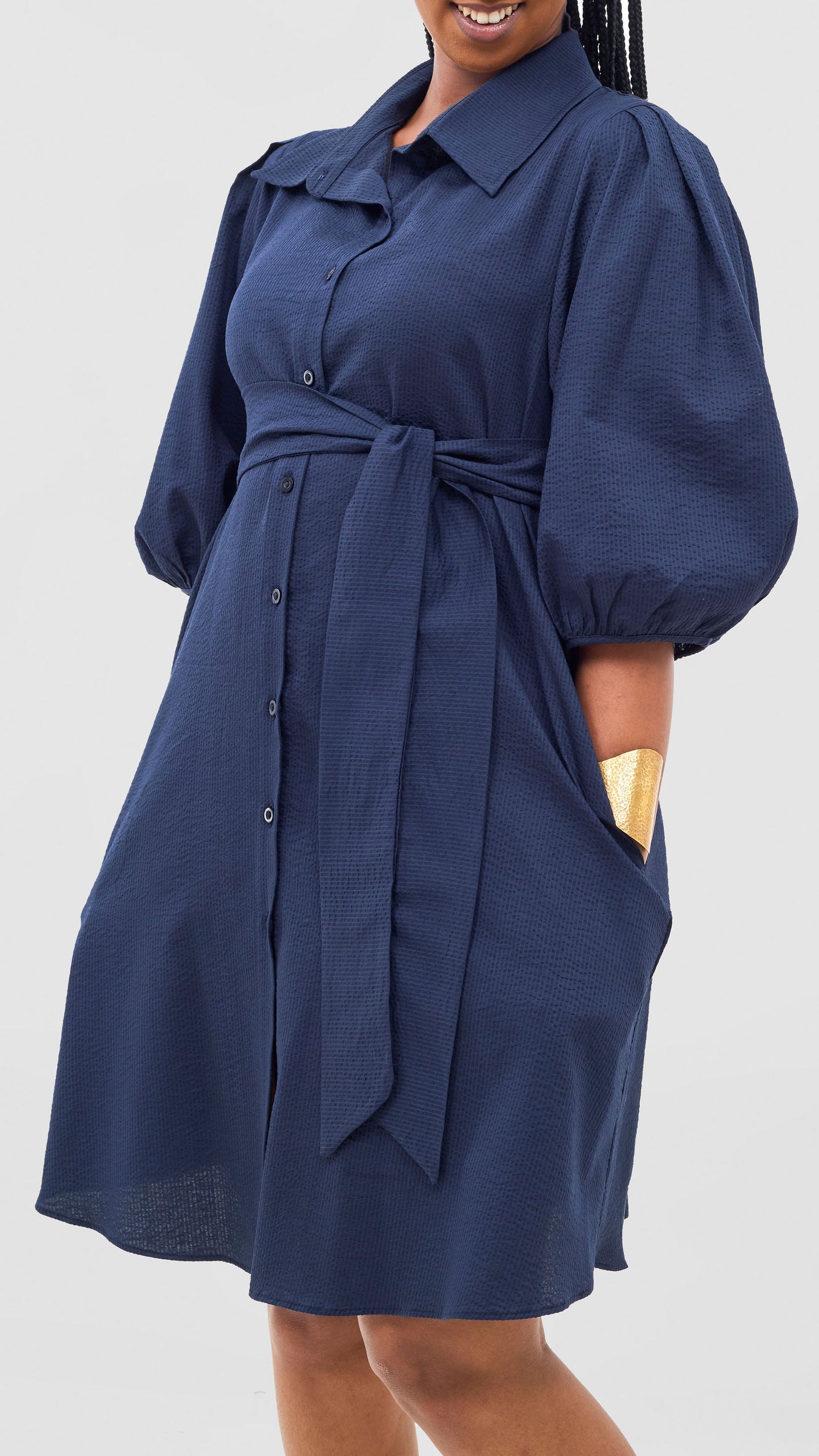 Safari Naledi 3/4 Sleeve Tent Dress - Navy Puff Stripes