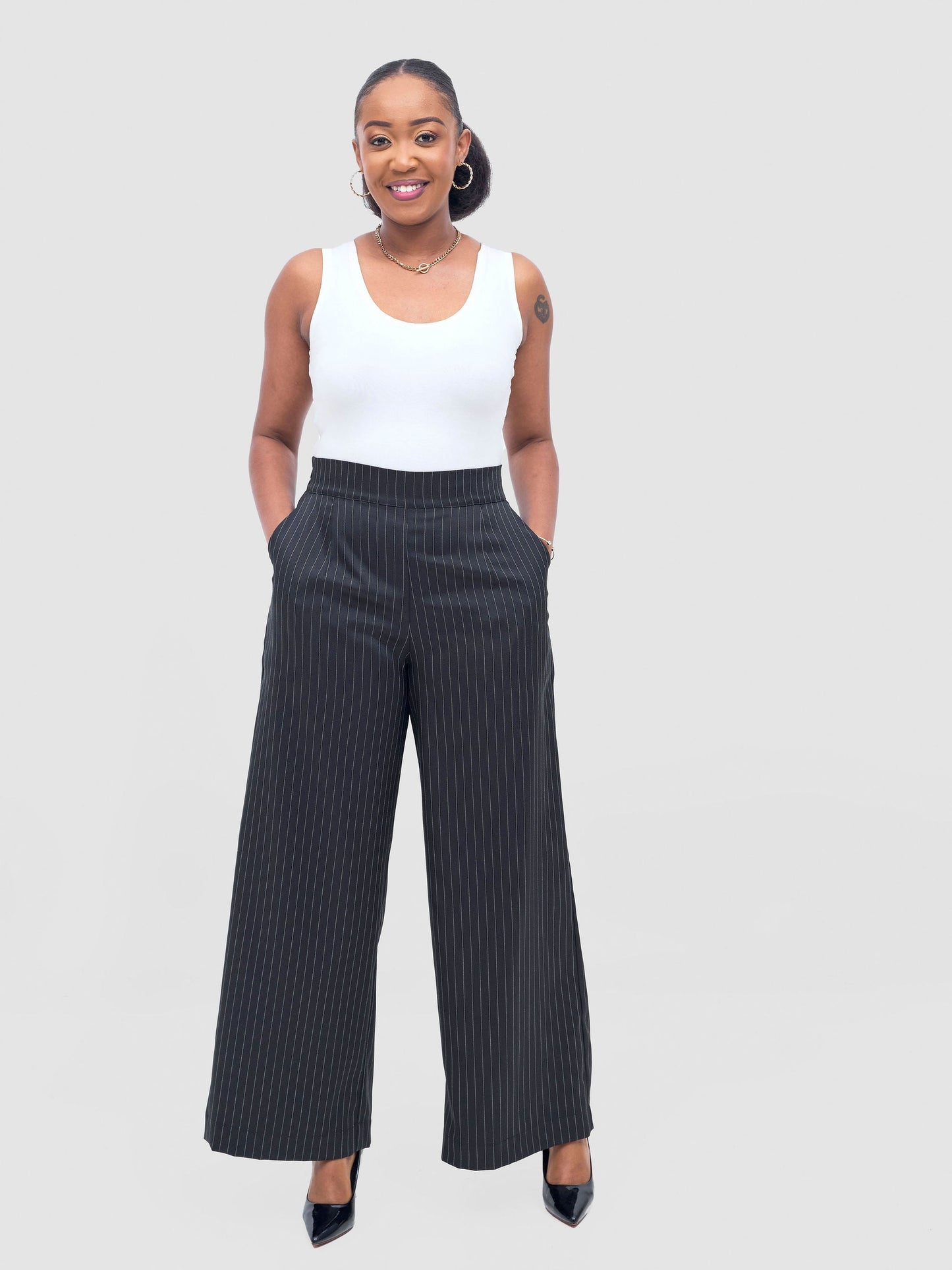 Vivo Niari Full Length Pants - Black Pinstripes