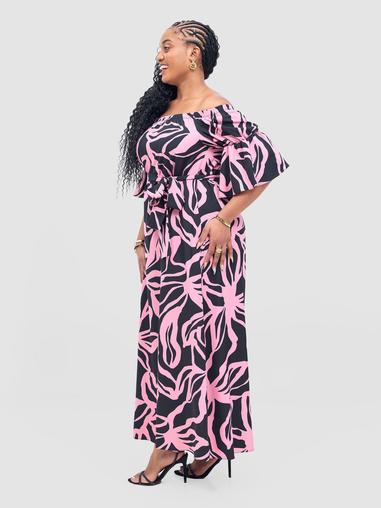 Vivo Tana Off Shoulder Maxi Dress - Pink / Black Dana Print