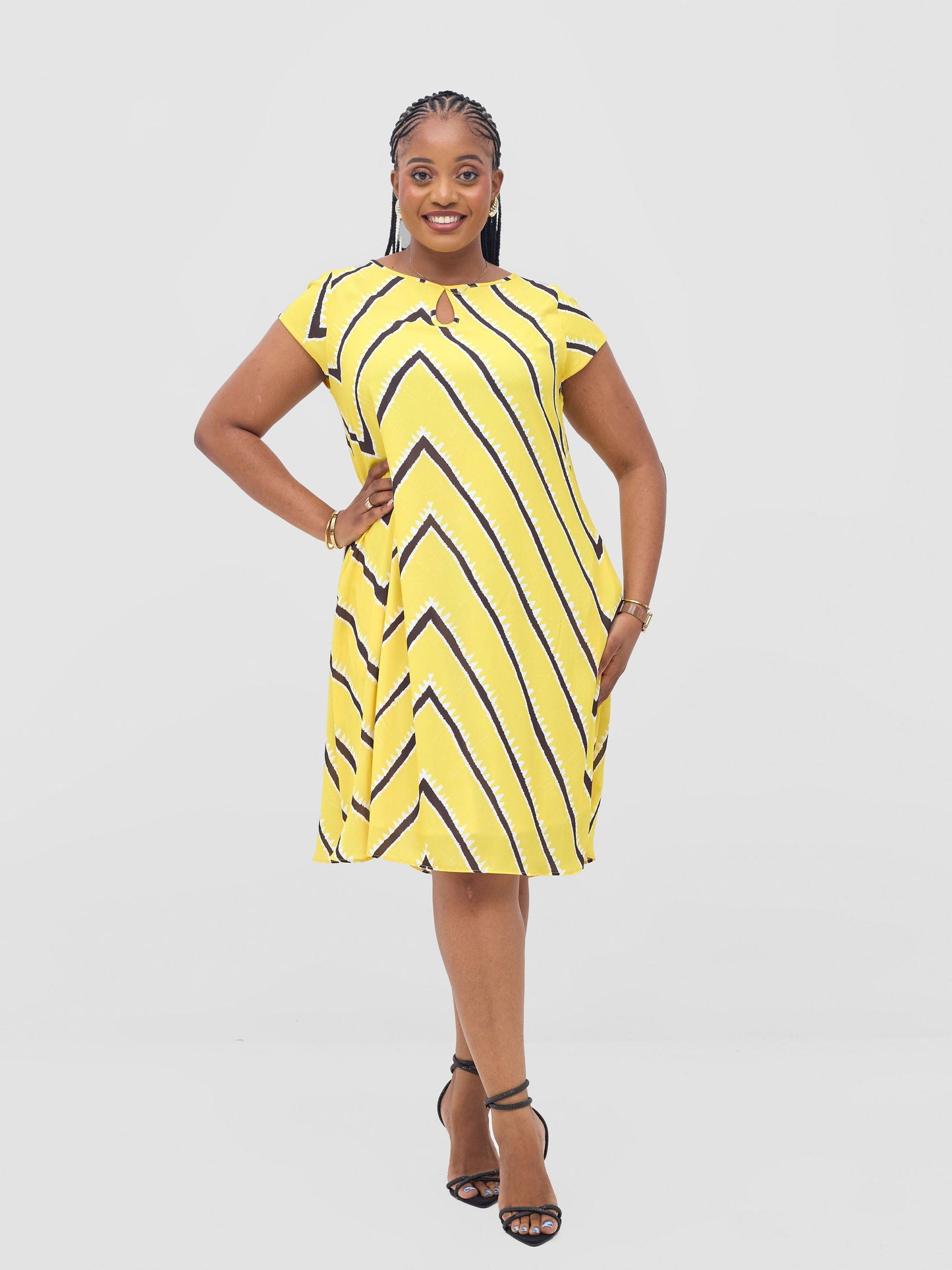 Vivo Sierra Cap Sleeve Tent Chiffon Dress - Yellow / Chocolate Sabi Print