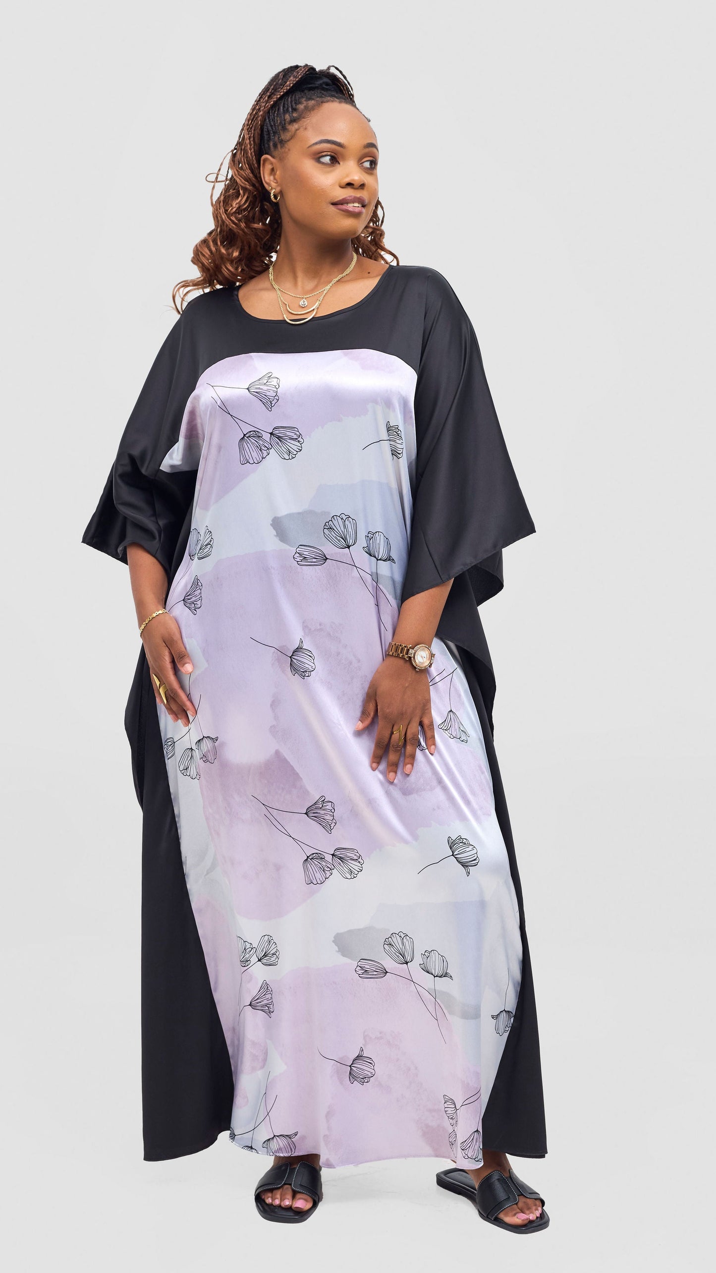 Vivo Keza Satin Border Maxi Kaftan - Lilac / Light Blue Awat Print