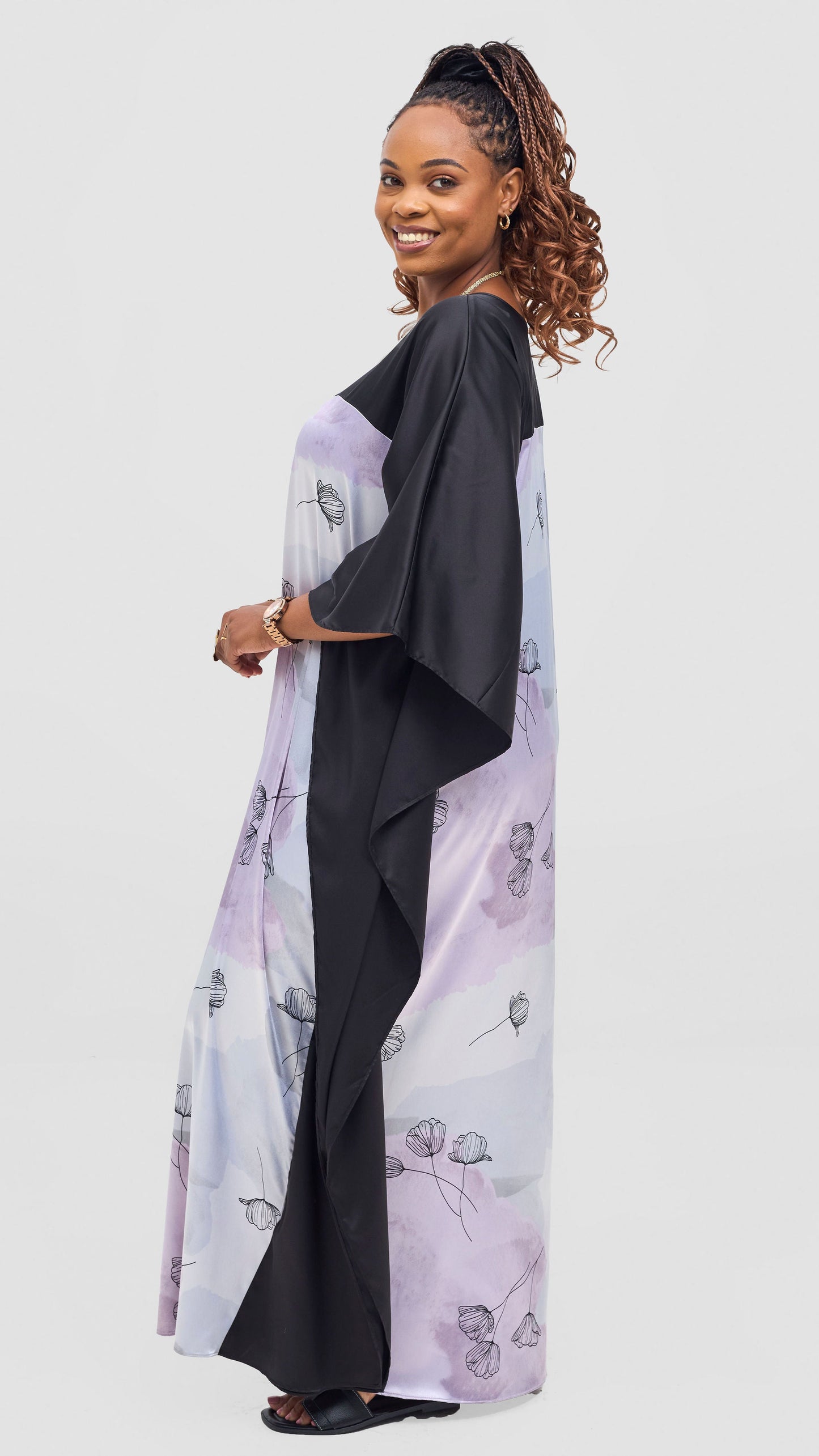 Vivo Keza Satin Border Maxi Kaftan - Lilac / Light Blue Awat Print
