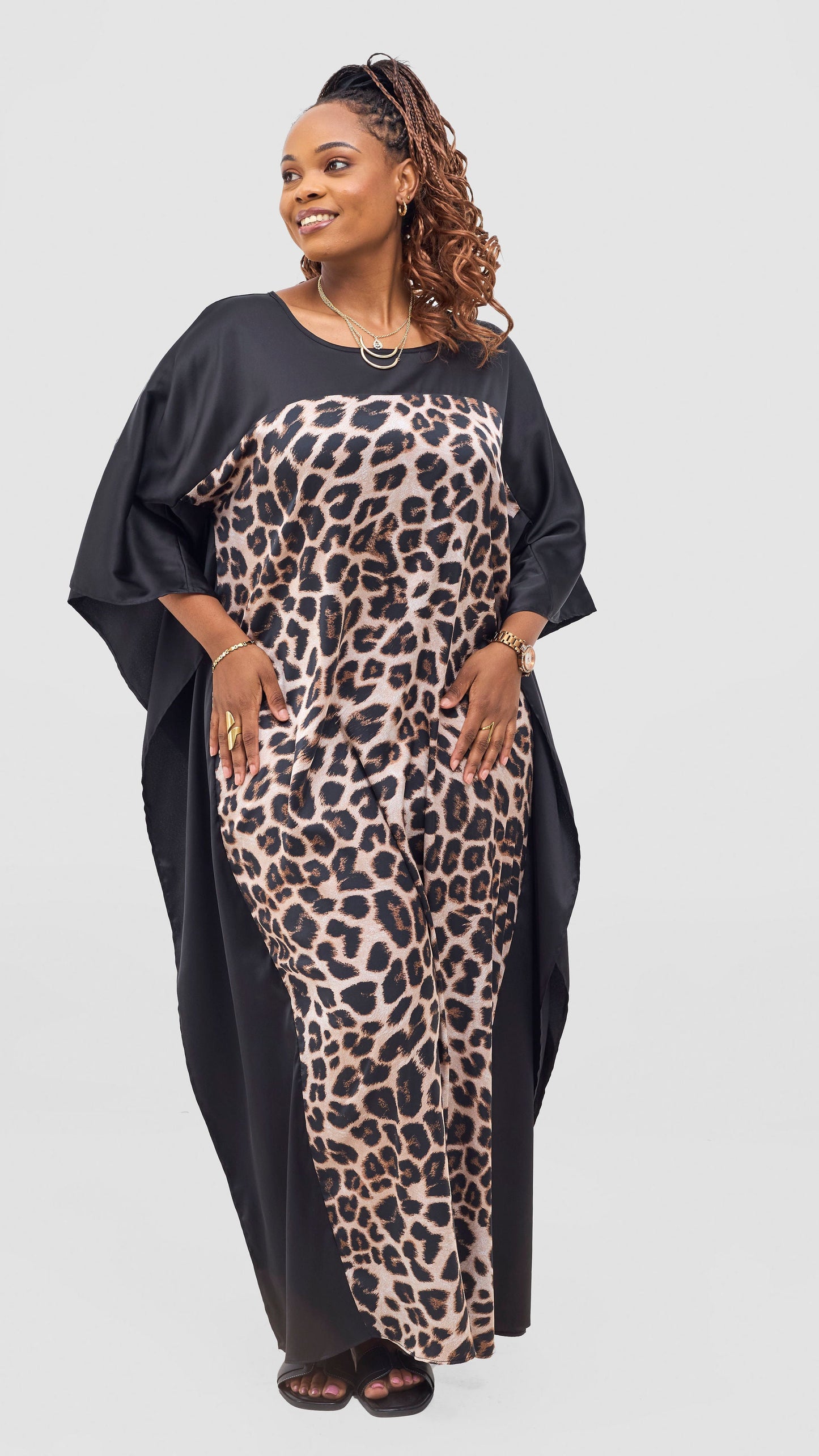 Vivo Keza Satin Border Maxi Kaftan - Black / Beige Animal Print