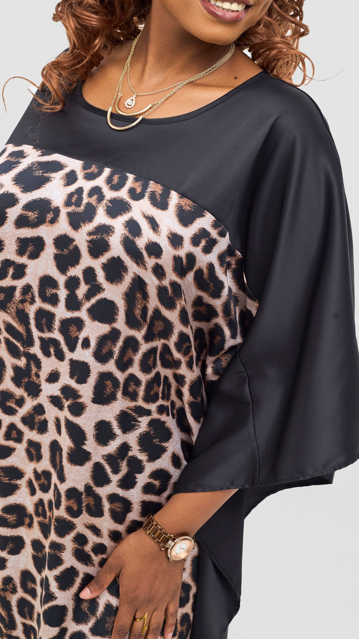 Vivo Keza Satin Border Maxi Kaftan - Black / Beige Animal Print