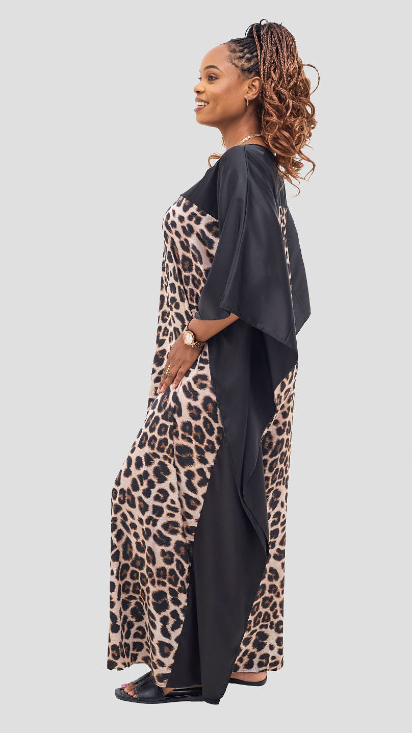 Vivo Keza Satin Border Maxi Kaftan - Black / Beige Animal Print