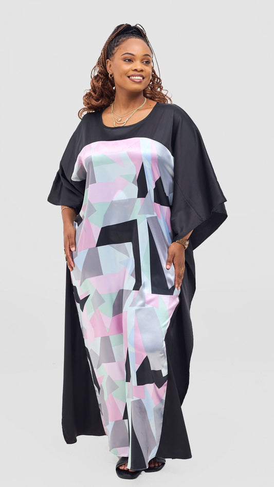 Vivo Keza Satin Border Maxi Kaftan - Pink / Lime Toco Print