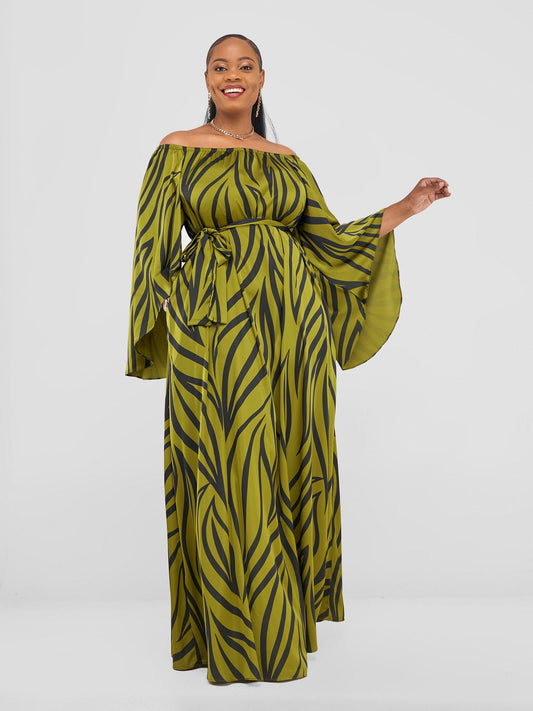 Vivo Chidii Off Shoulder Maxi Dress - Olive / Black Ameli Print