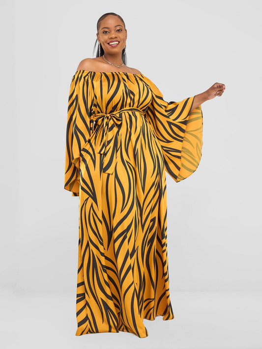 Vivo Chidii Off Shoulder Maxi Dress - Mustard / Black Ameli Print