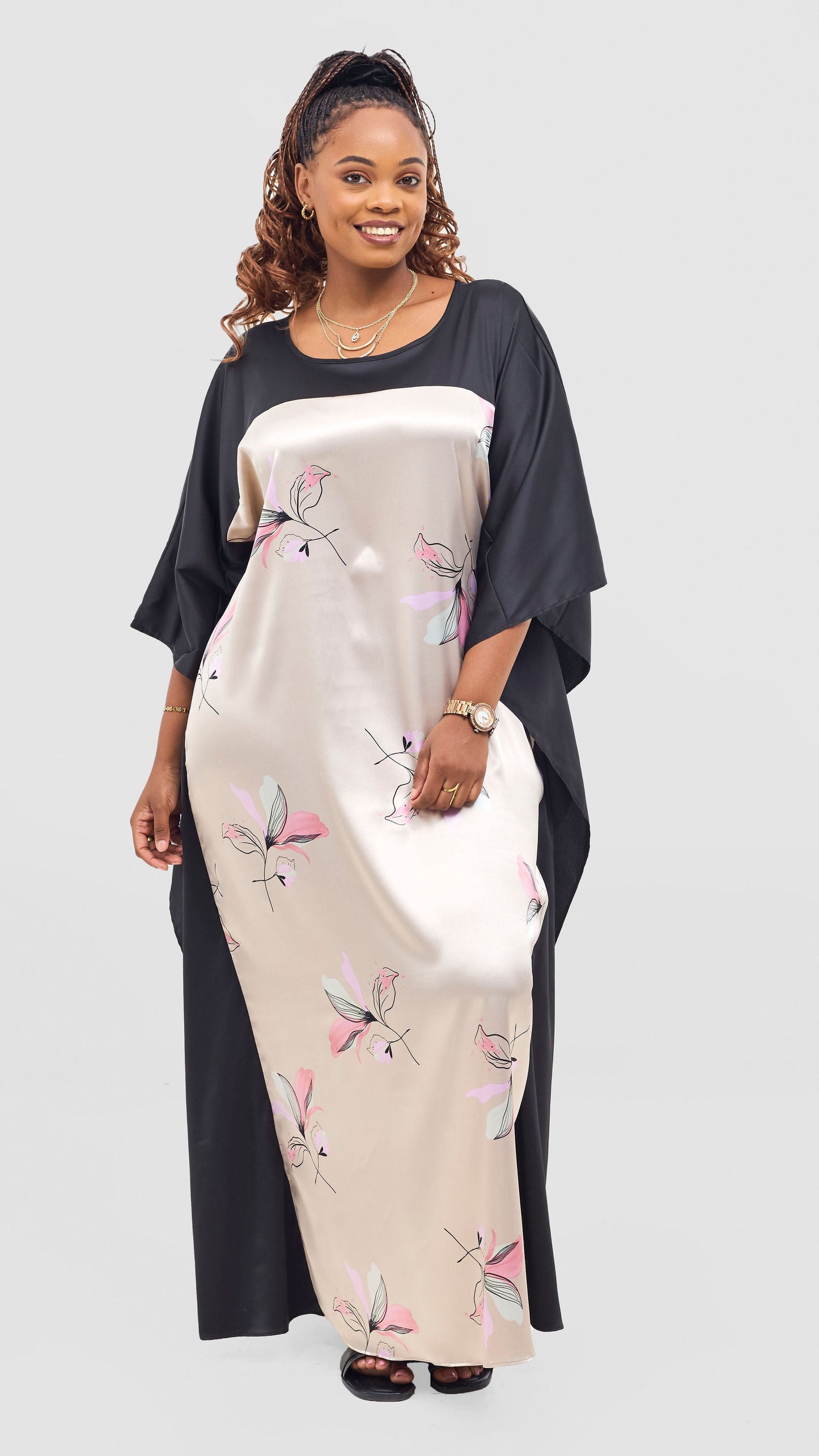 Vivo Keza Satin Border Maxi Kaftan - Beige / Pink Tawa Print