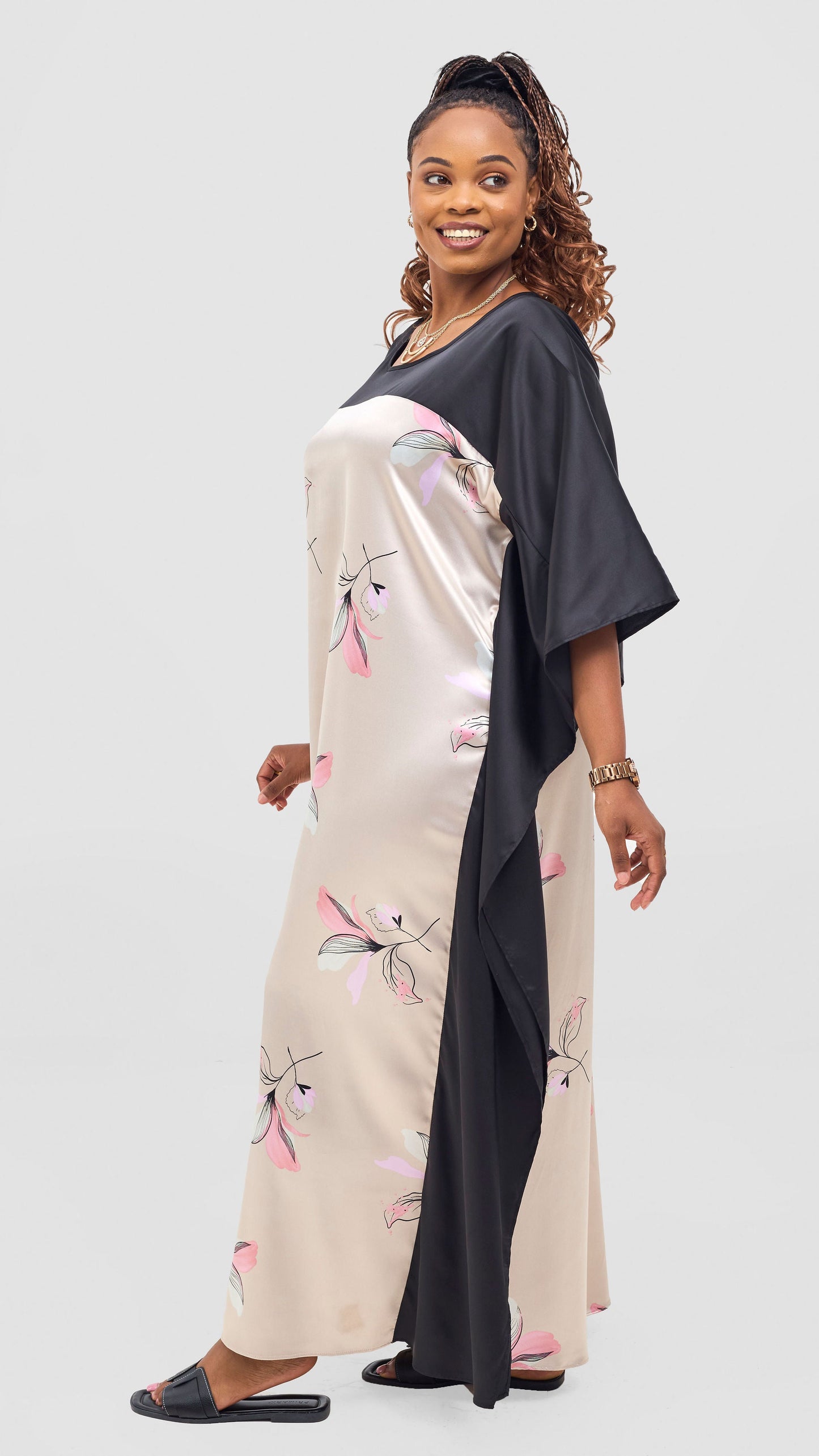 Vivo Keza Satin Border Maxi Kaftan - Beige / Pink Tawa Print