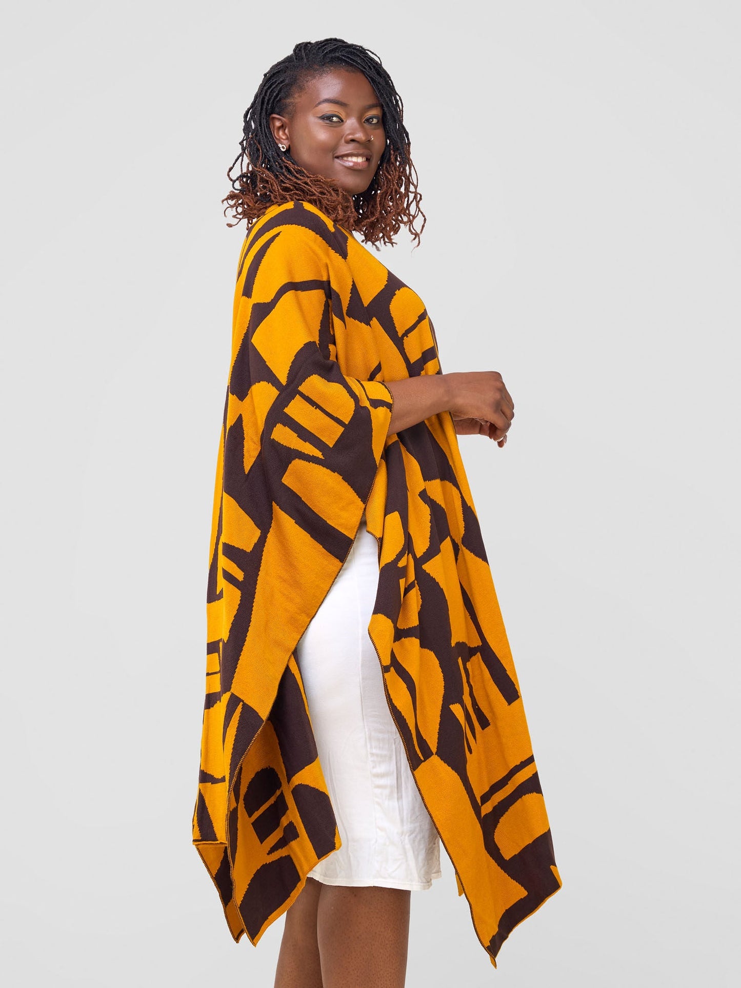Vivo Reversible Poncho without Fringes - Mustard / Chocolate Brown Samba Print