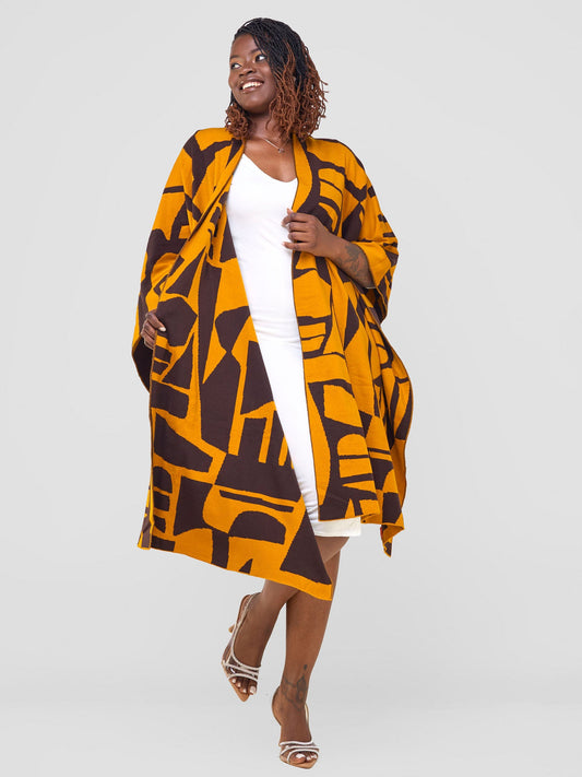Vivo Reversible Poncho without Fringes - Mustard / Chocolate Brown Samba Print